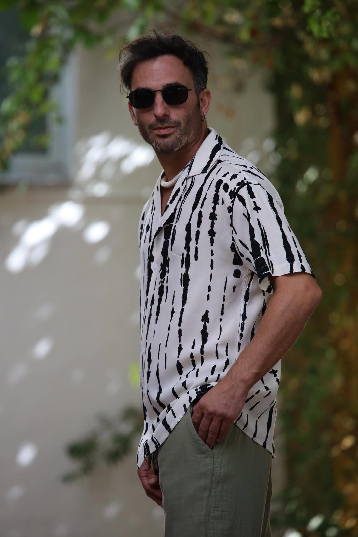 Cream Color Patterned Short Sleeve Men's Shirt