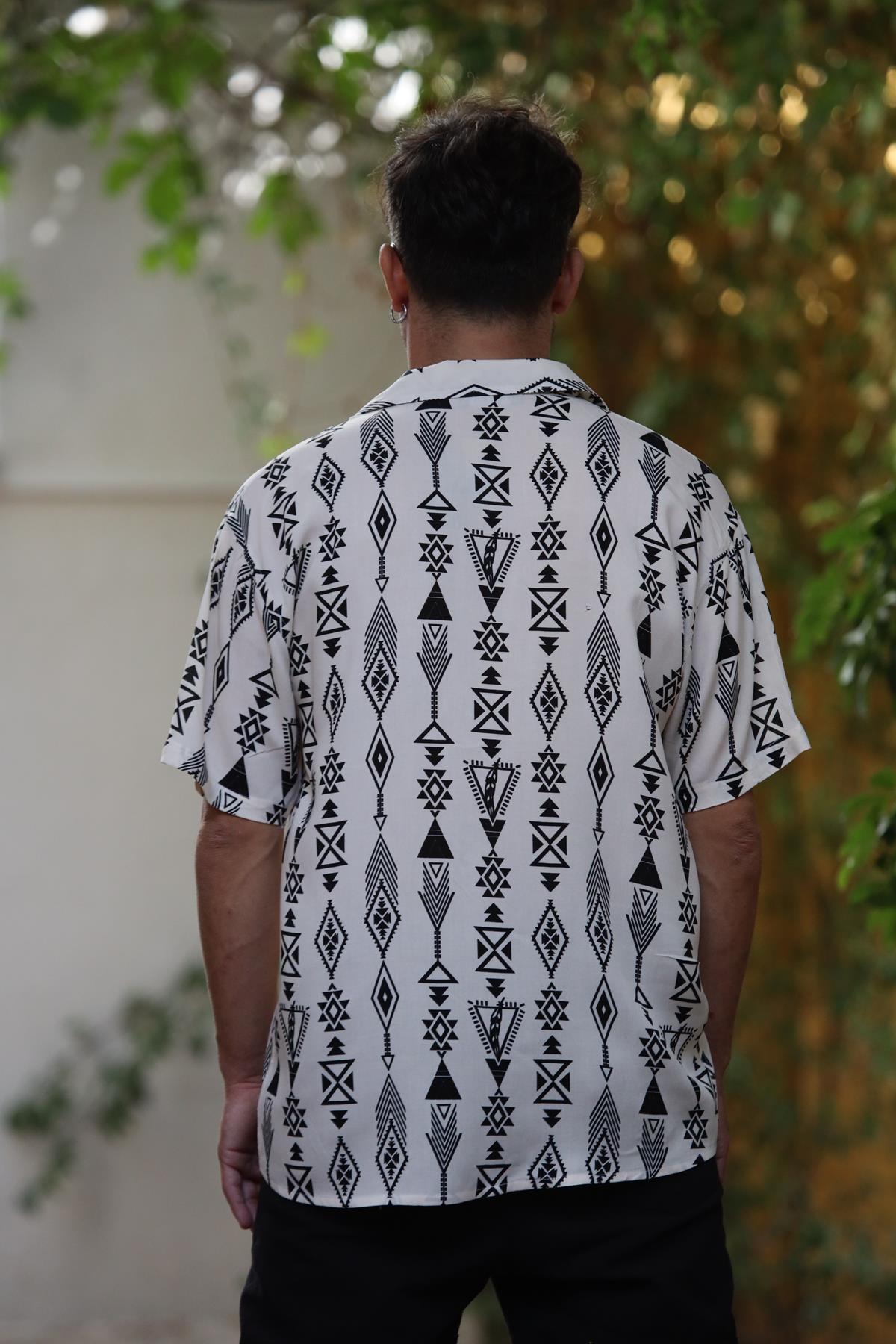 Cream Color Patterned Short Sleeve Men's Shirt