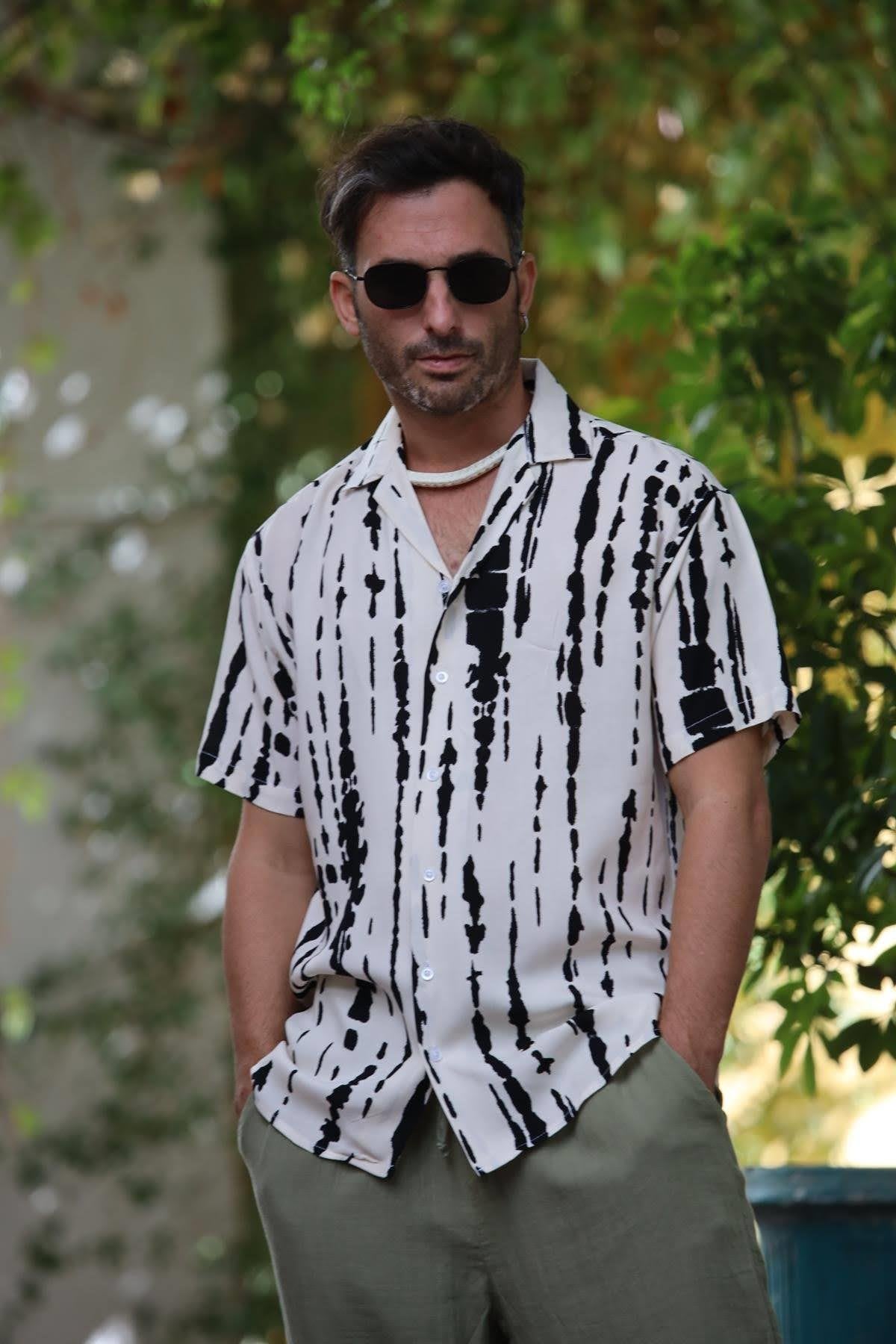 Cream Color Patterned Short Sleeve Men's Shirt