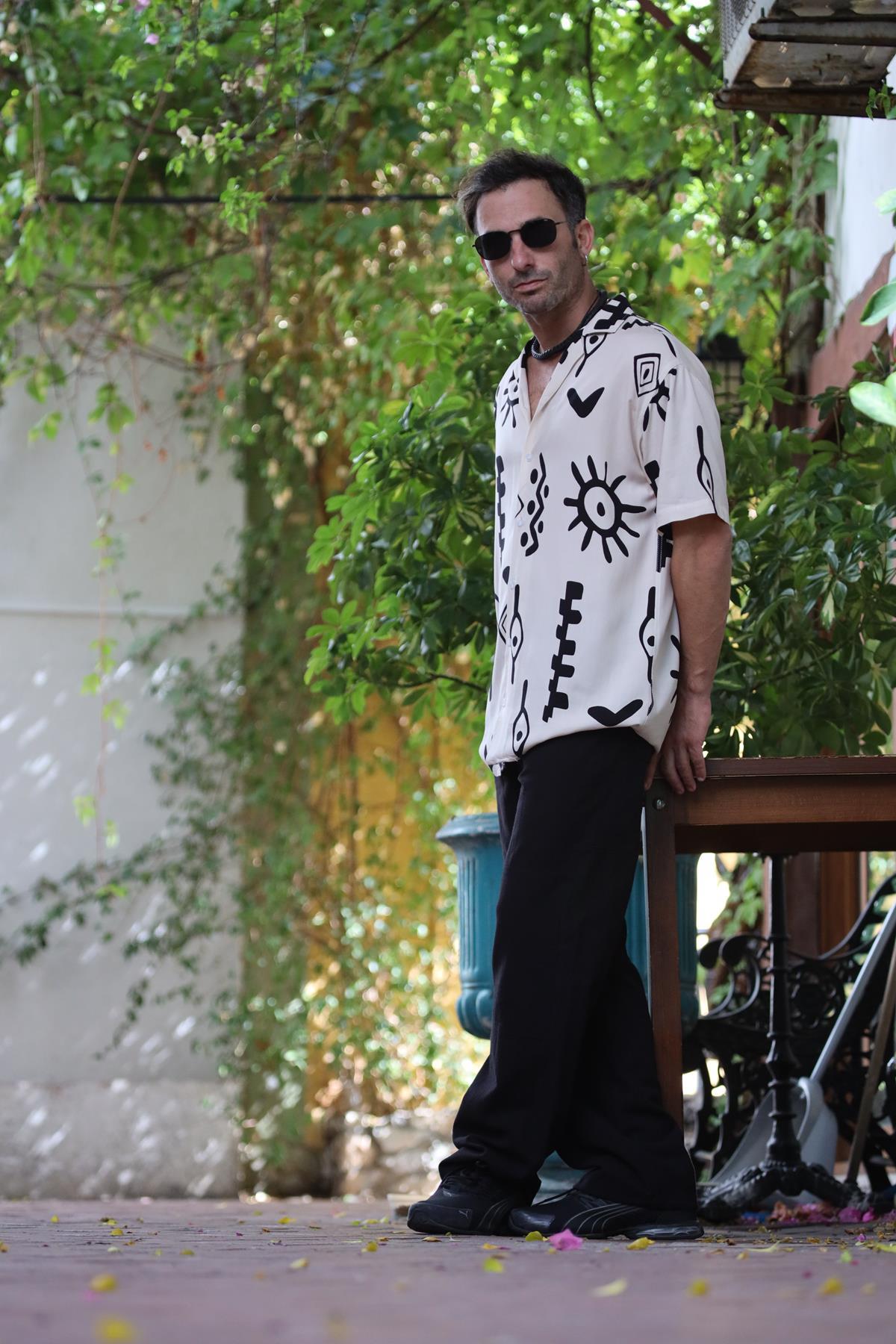 Cream Color Patterned Short Sleeve Men's Shirt