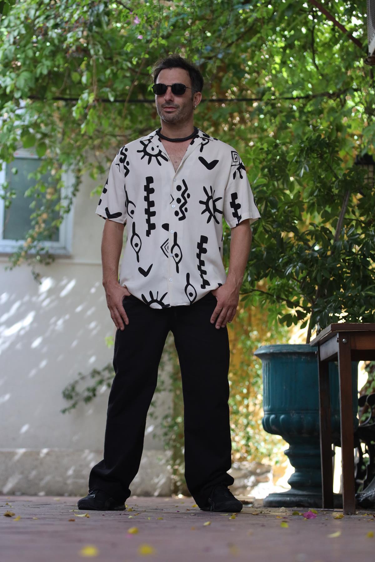 Cream Color Patterned Short Sleeve Men's Shirt