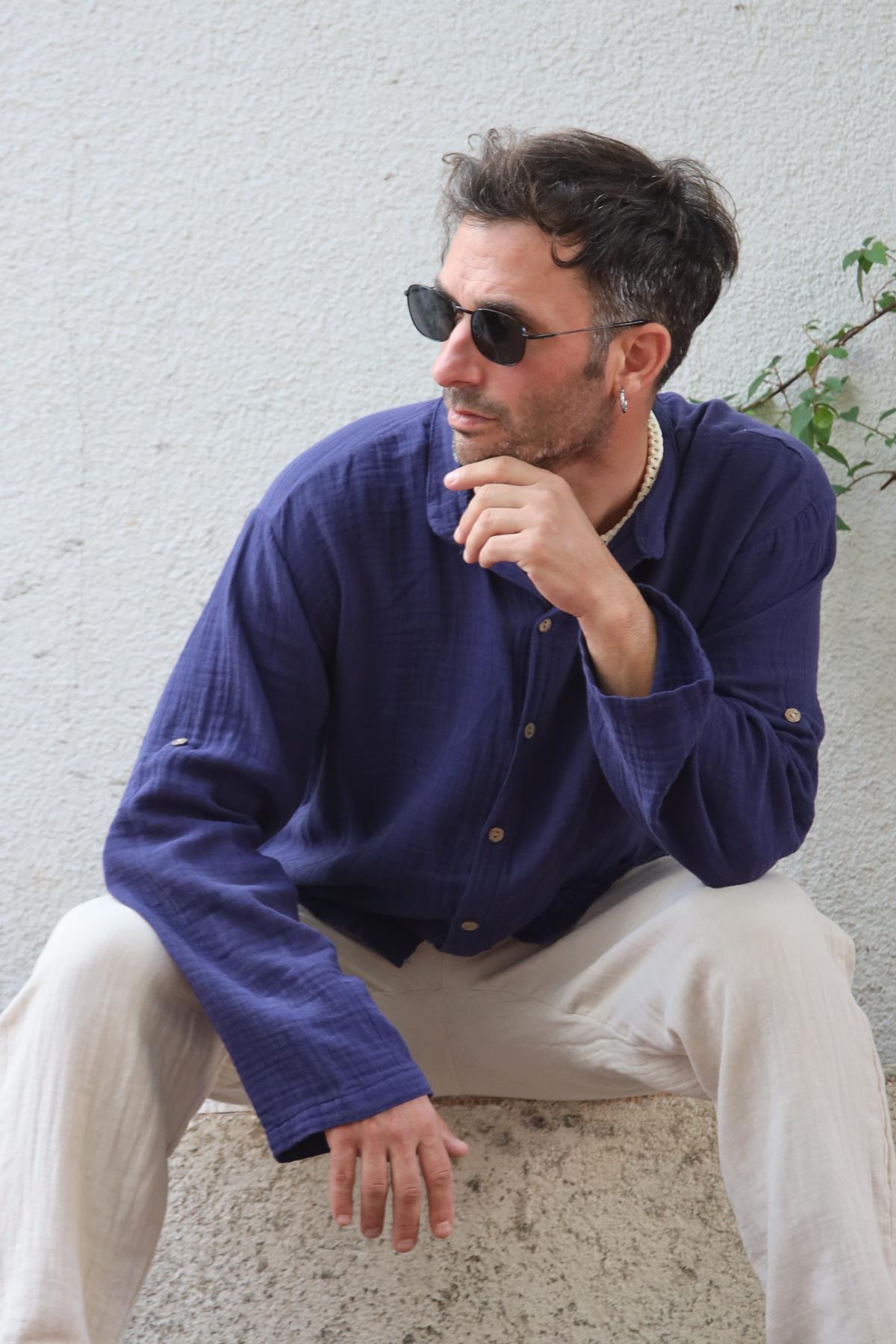 Navy Blue Mandarin Collar Muslin Shirt