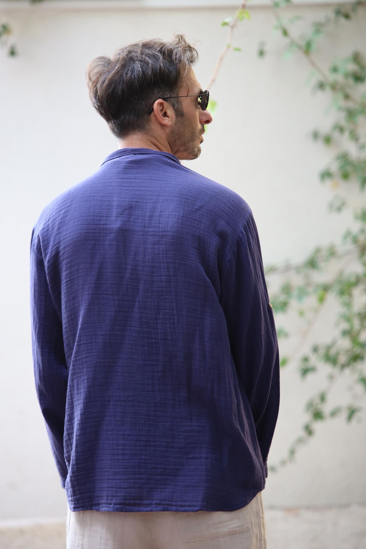 Navy Blue Mandarin Collar Muslin Shirt