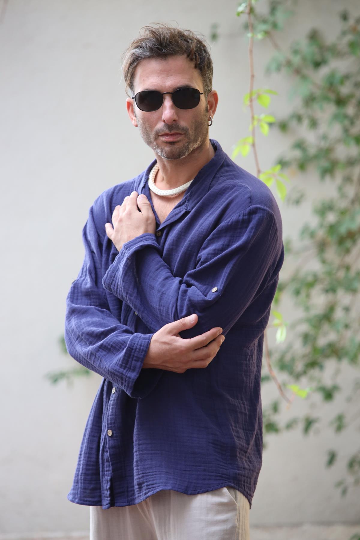 Navy Blue Mandarin Collar Muslin Shirt