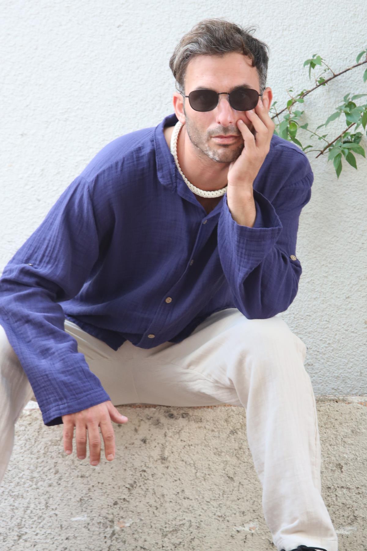 Navy Blue Mandarin Collar Muslin Shirt