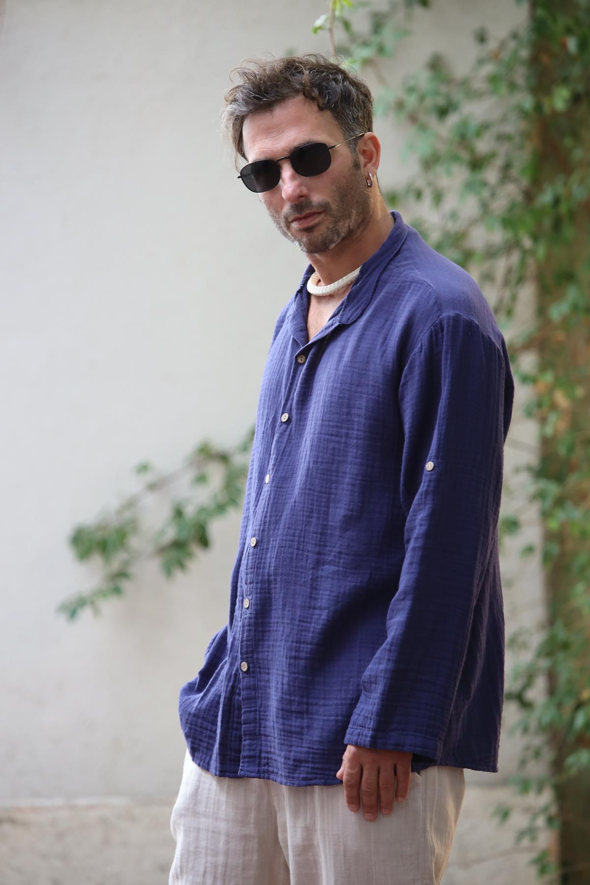 Navy Blue Mandarin Collar Muslin Shirt