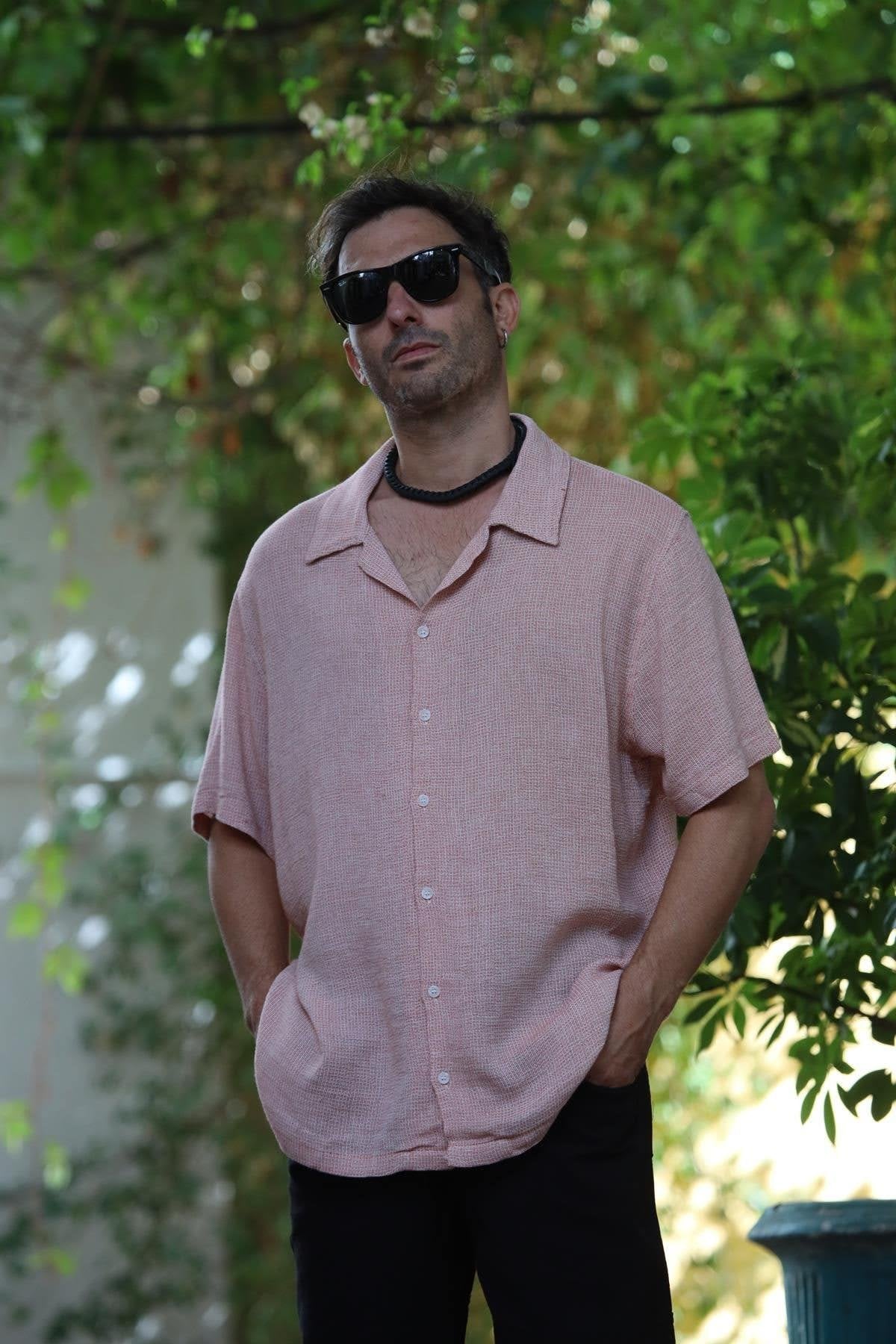 Coral Color Knitted Cotton Fabric Short Sleeve Men's Shirt