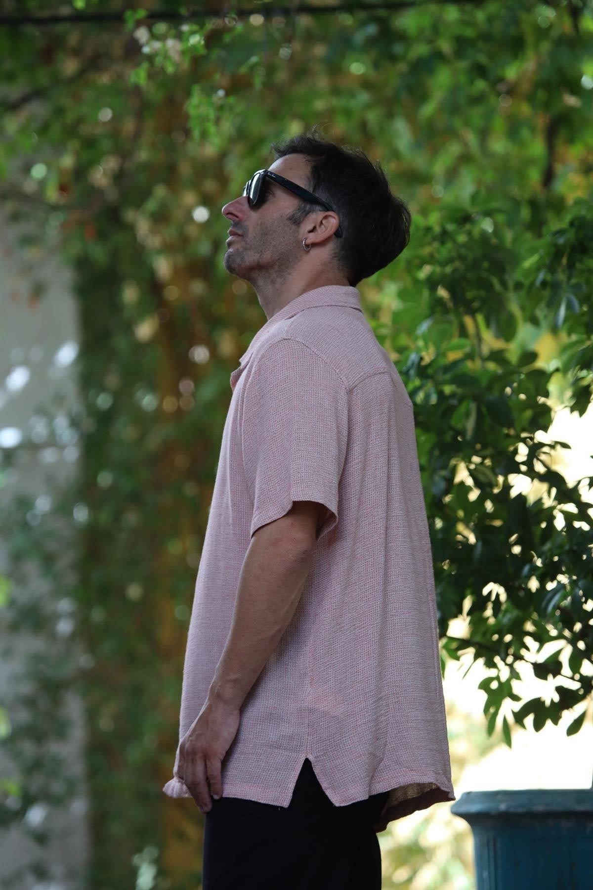 Coral Color Knitted Cotton Fabric Short Sleeve Men's Shirt