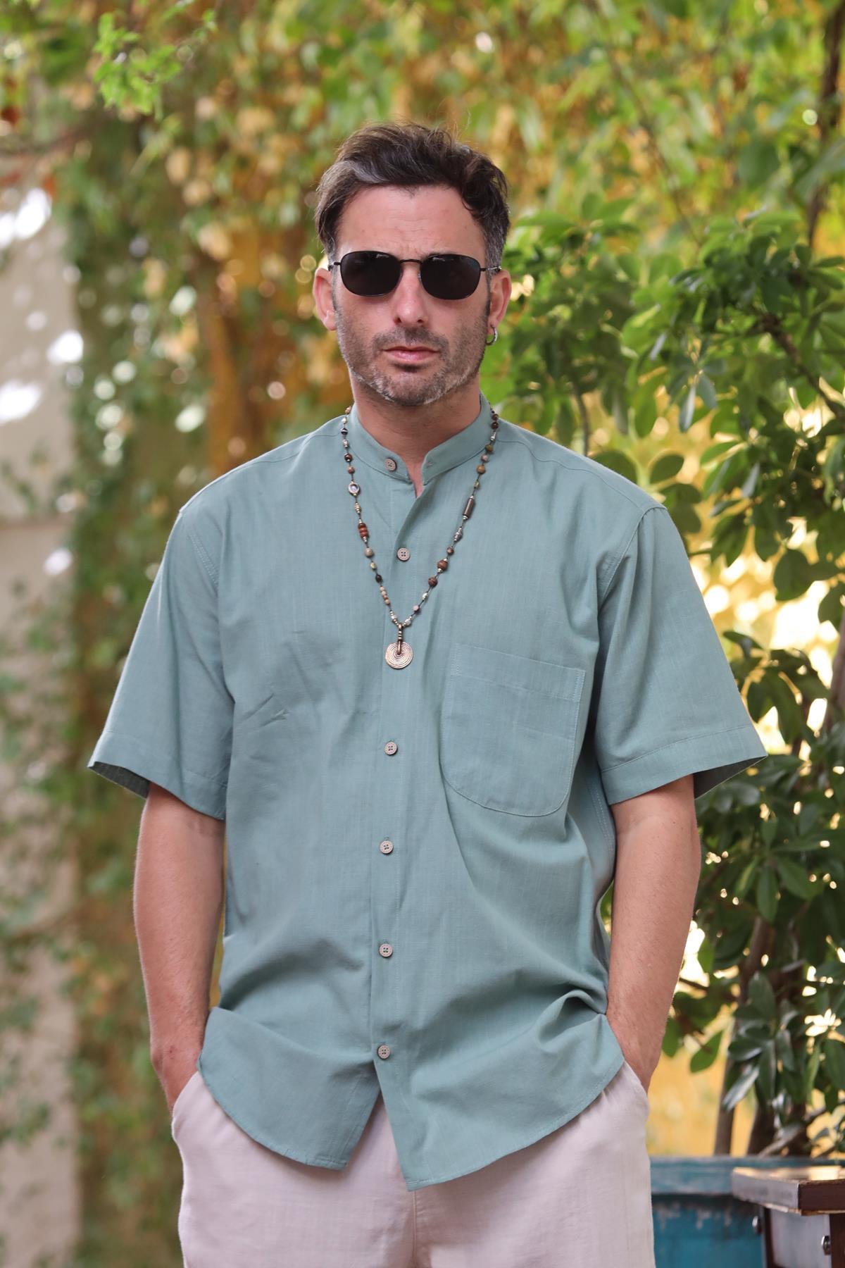 Mint Green Mandarin Collar Short Sleeve Men's Shirt