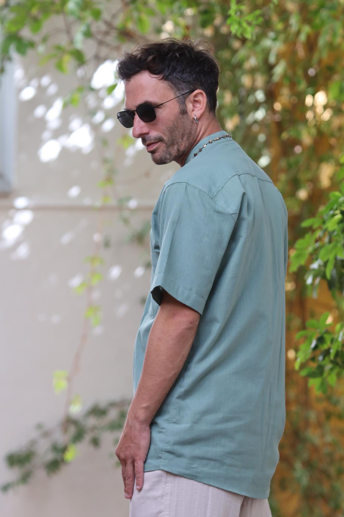 Mint Green Mandarin Collar Short Sleeve Men's Shirt