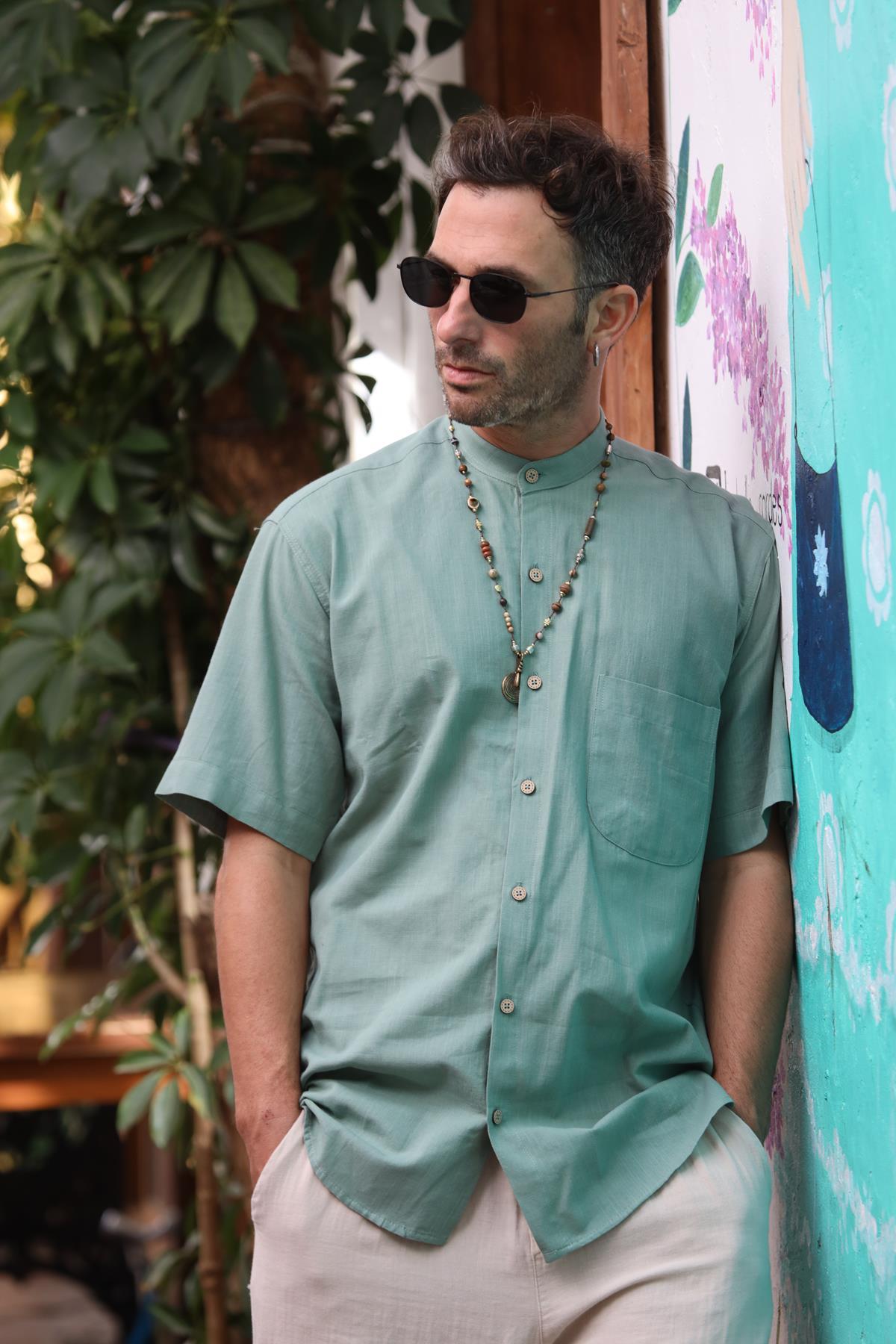 Mint Green Mandarin Collar Short Sleeve Men's Shirt