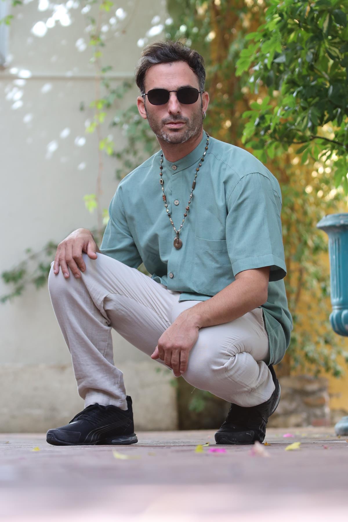 Mint Green Mandarin Collar Short Sleeve Men's Shirt