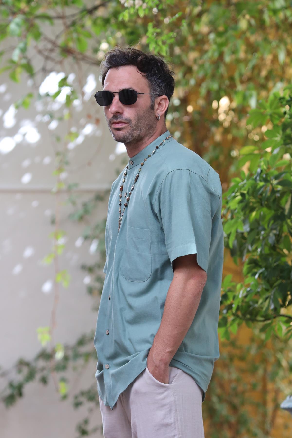 Mint Green Mandarin Collar Short Sleeve Men's Shirt