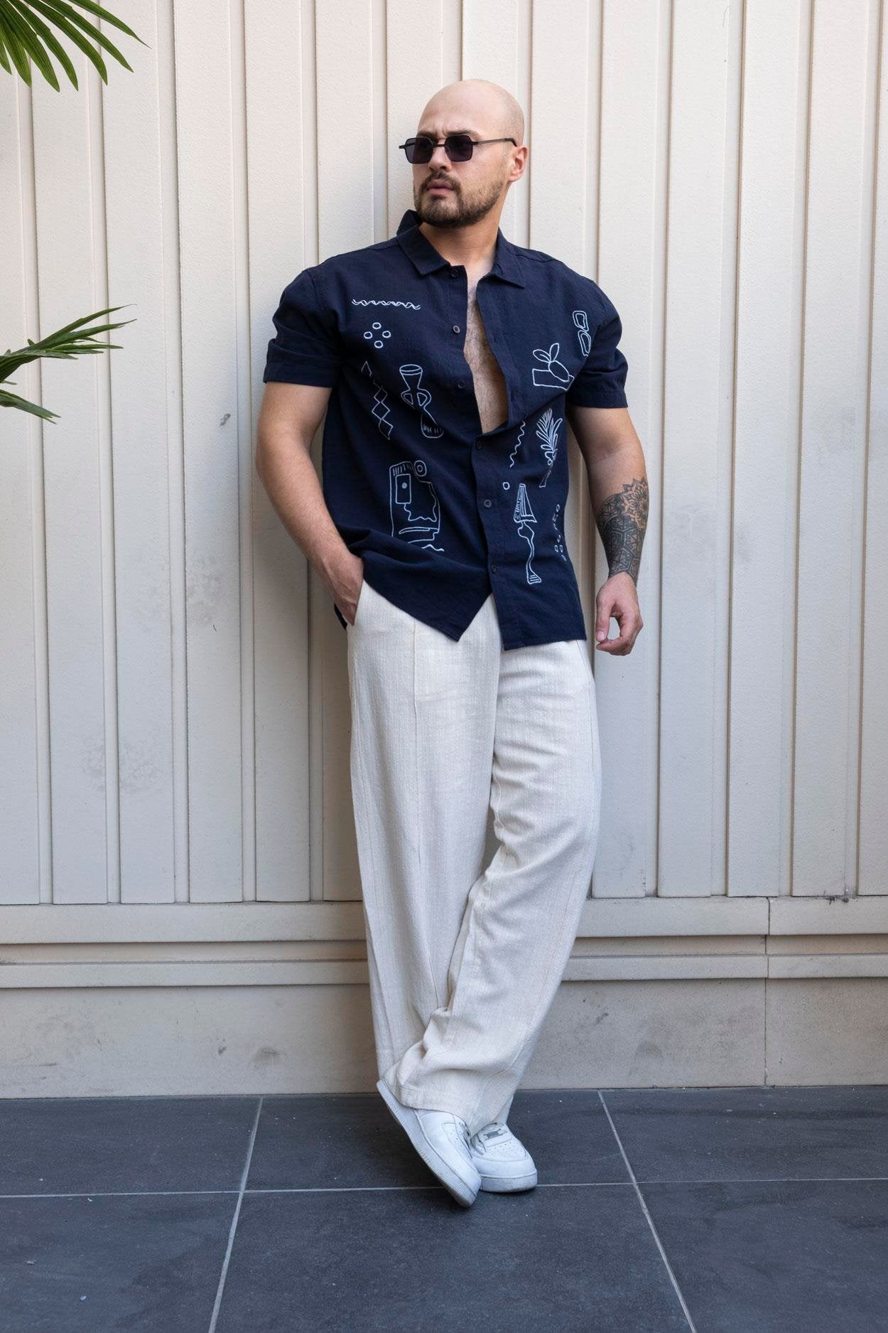 Heritage Luxe Linen Relaxed Fit Shirt with Embroidery Accents