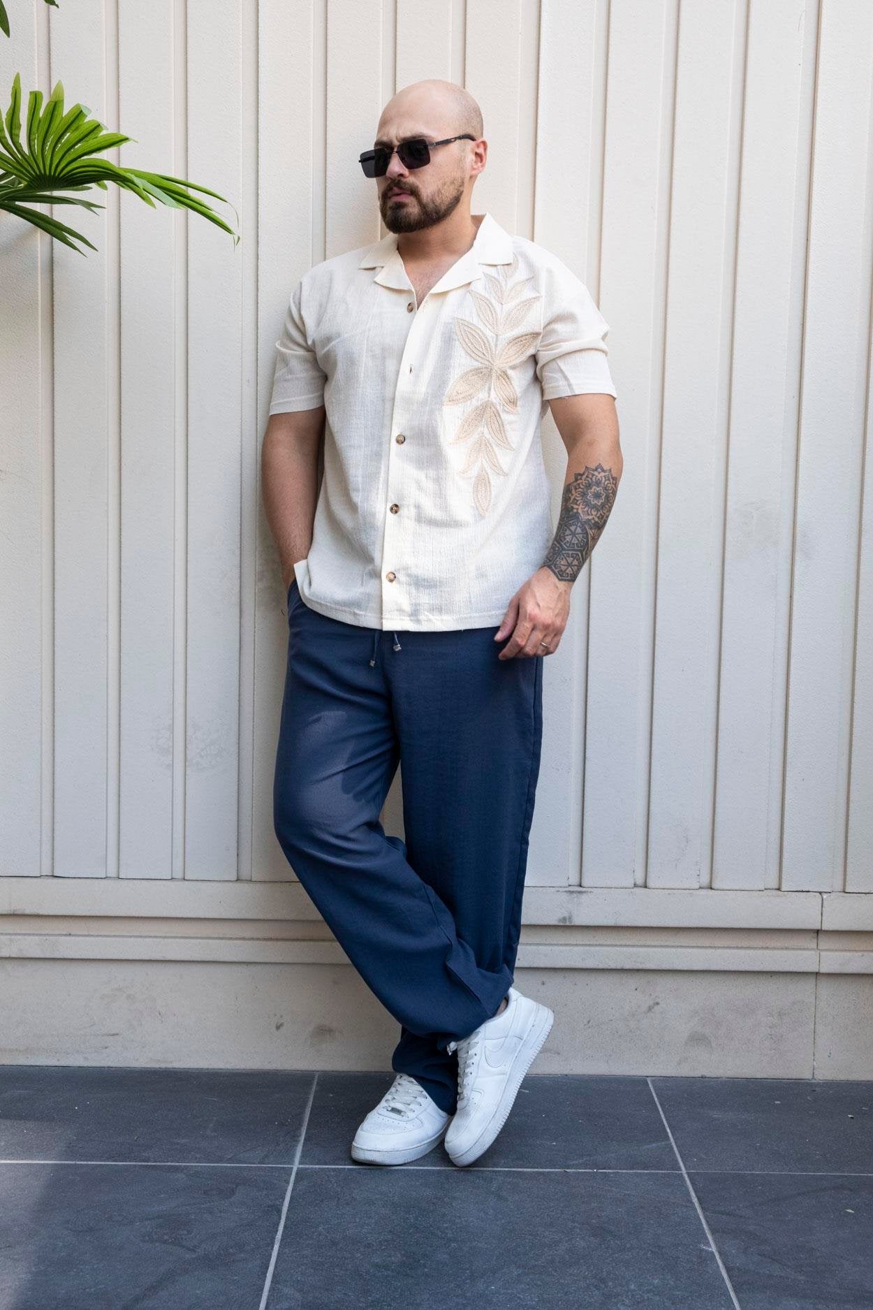 Premium Linen Casual Shirt with Relaxed Fit and Embroidered Detail