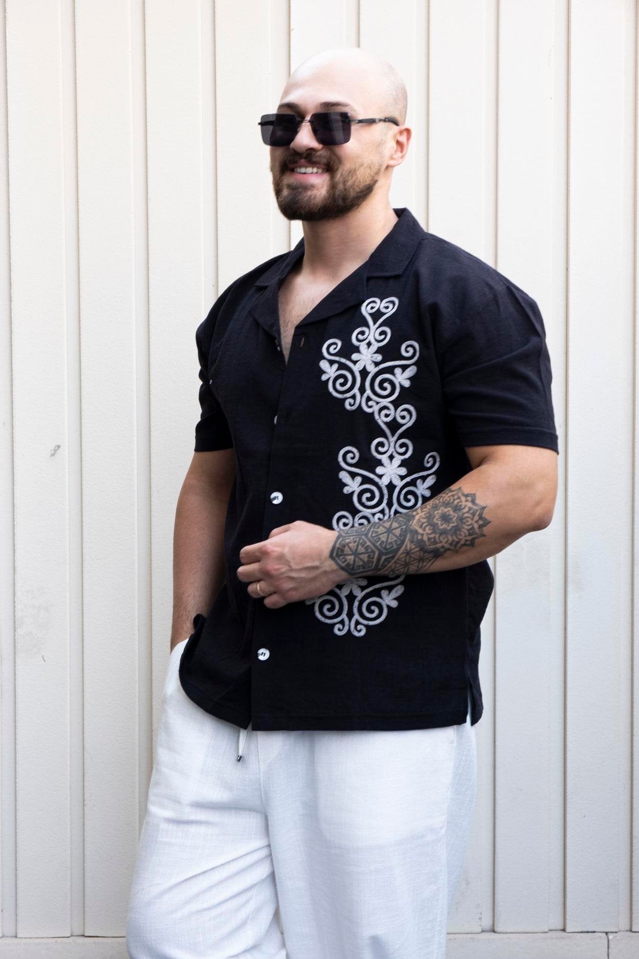 Relaxed Fit Linen Shirt Featuring Embroidered Details