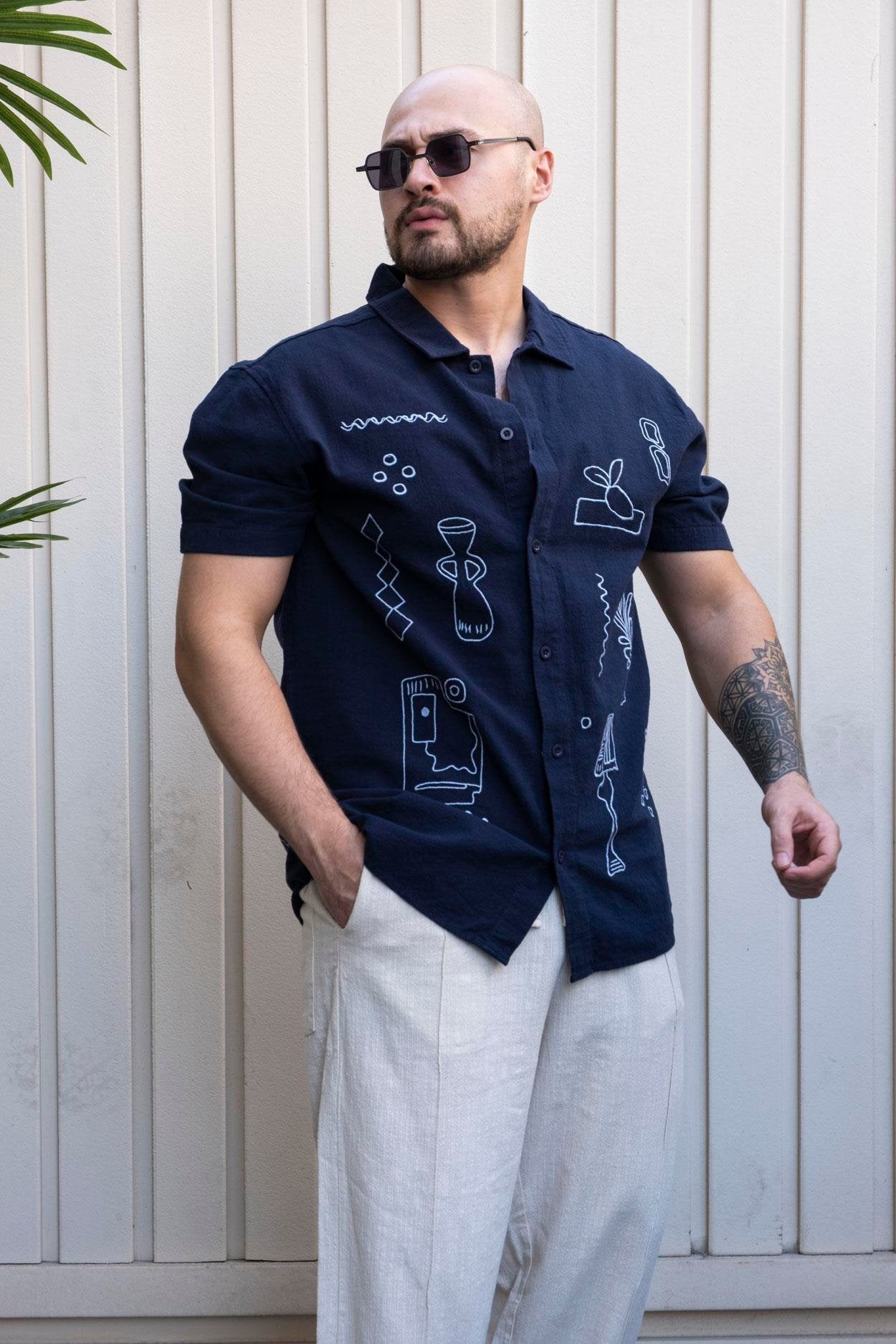 Heritage Luxe Linen Relaxed Fit Shirt with Embroidery Accents