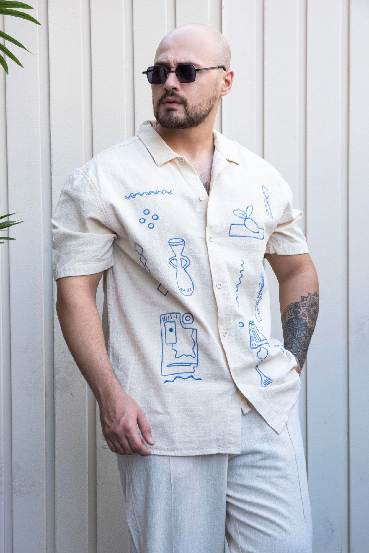 Elegant Artisan Linen Shirt with Relaxed Fit and Embroidered Design