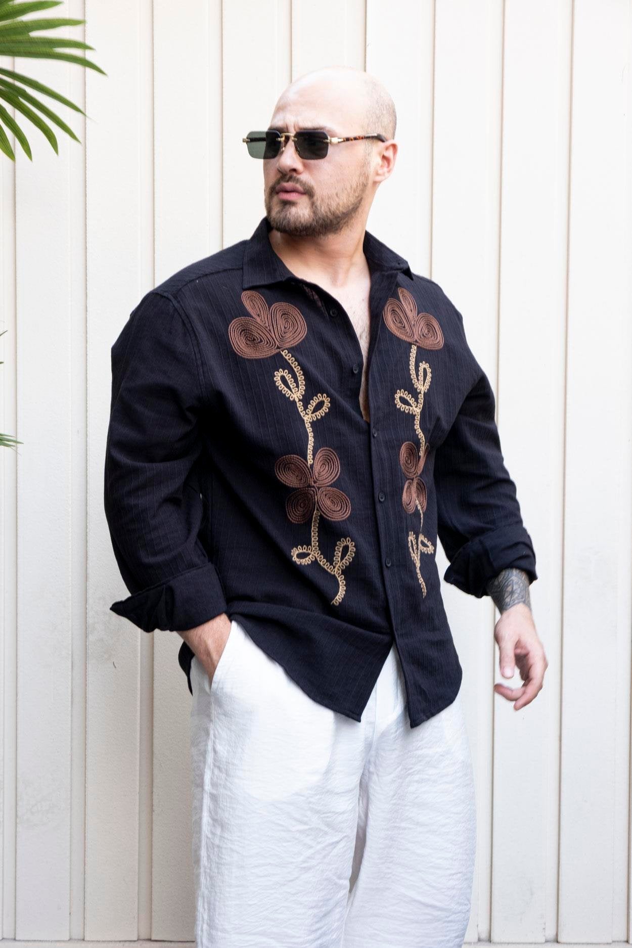 Luxe Relaxed Fit Linen Shirt Featuring Elegant Embroidery