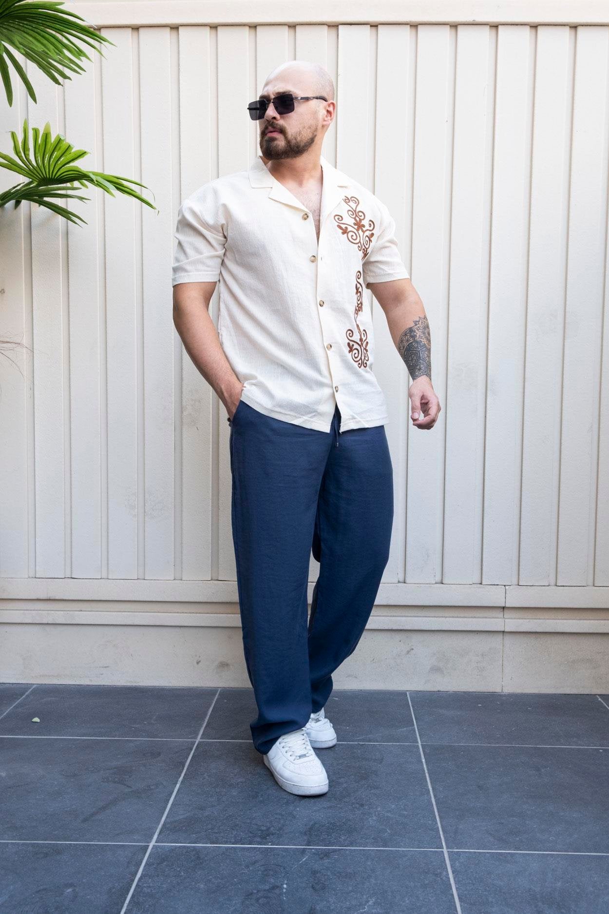 Signature Embroidered Detail Relaxed Fit Linen Shirt