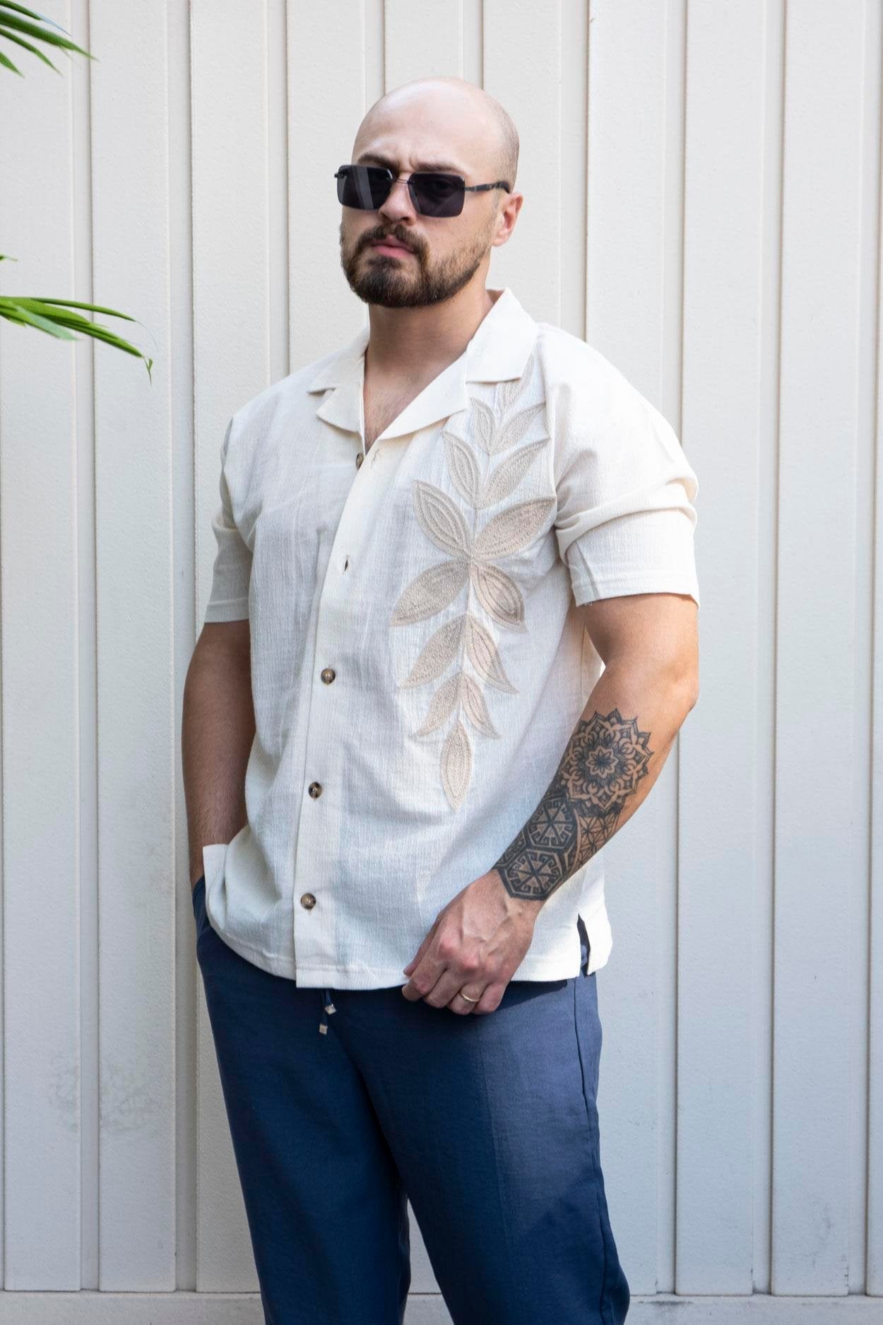 Premium Linen Casual Shirt with Relaxed Fit and Embroidered Detail