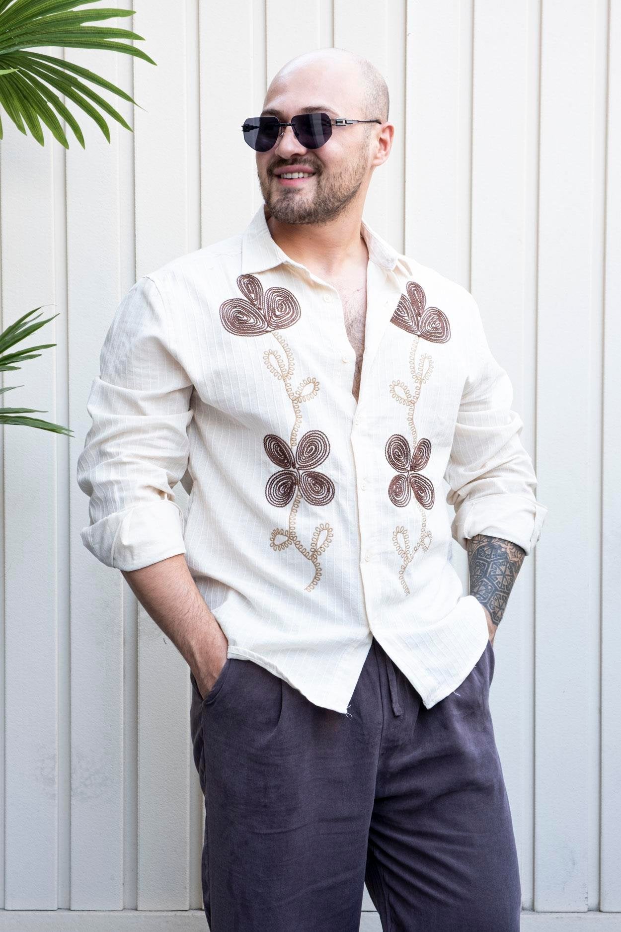 Designer Relaxed Fit Linen Shirt with Signature Embroidery