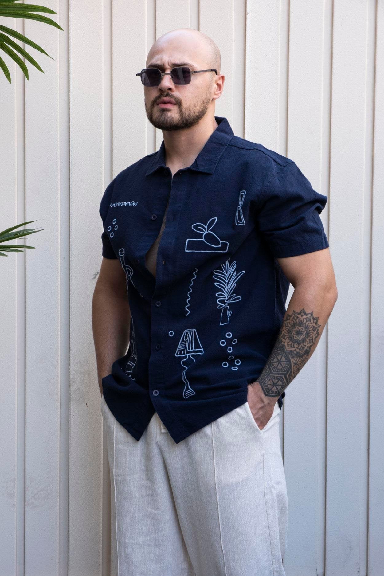 Heritage Luxe Linen Relaxed Fit Shirt with Embroidery Accents