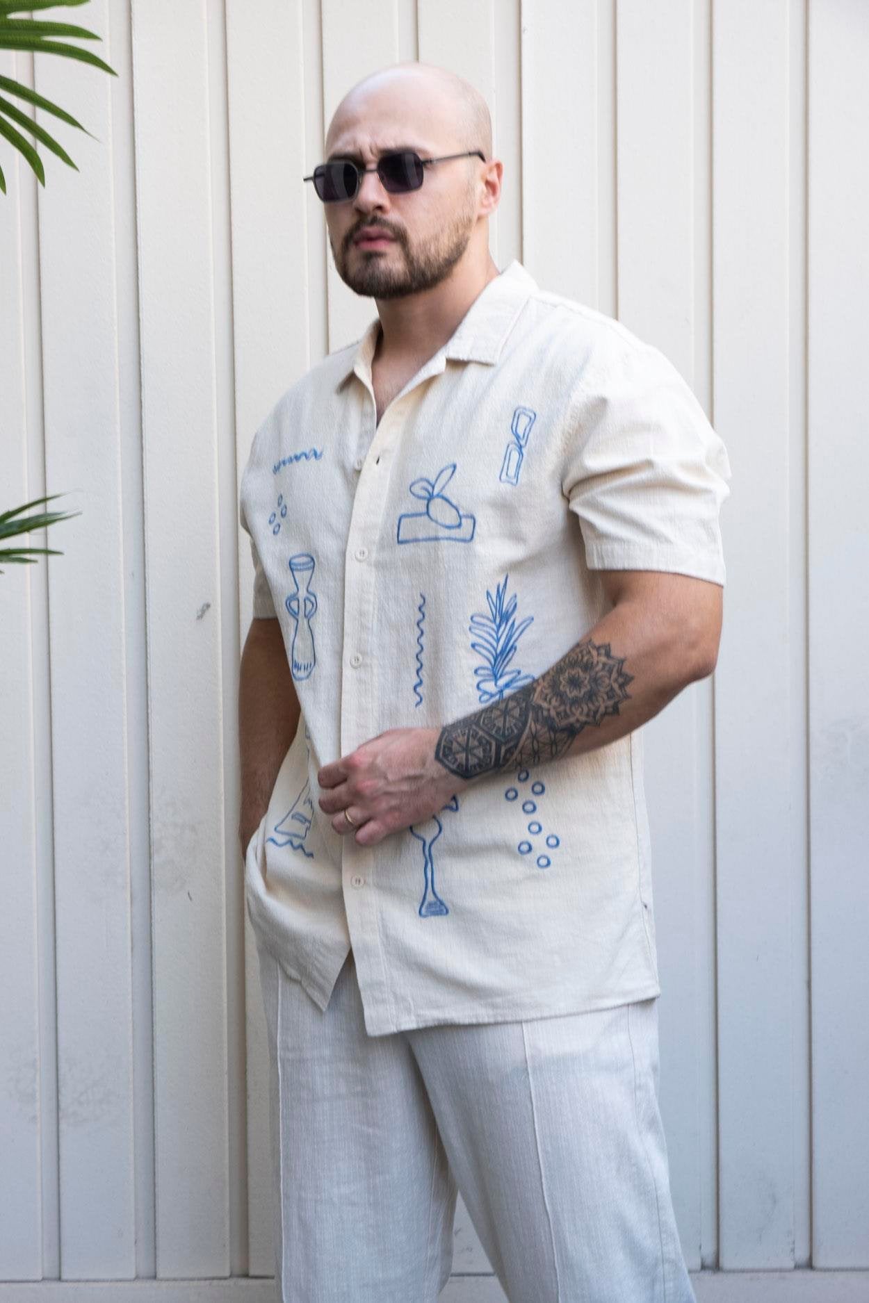 Elegant Artisan Linen Shirt with Relaxed Fit and Embroidered Design
