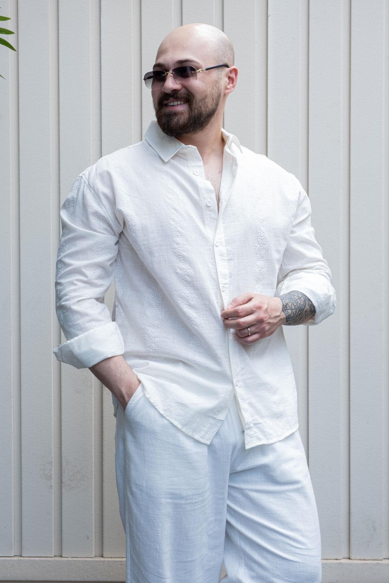 Modernist Embroidered Linen Casual Comfort Shirt