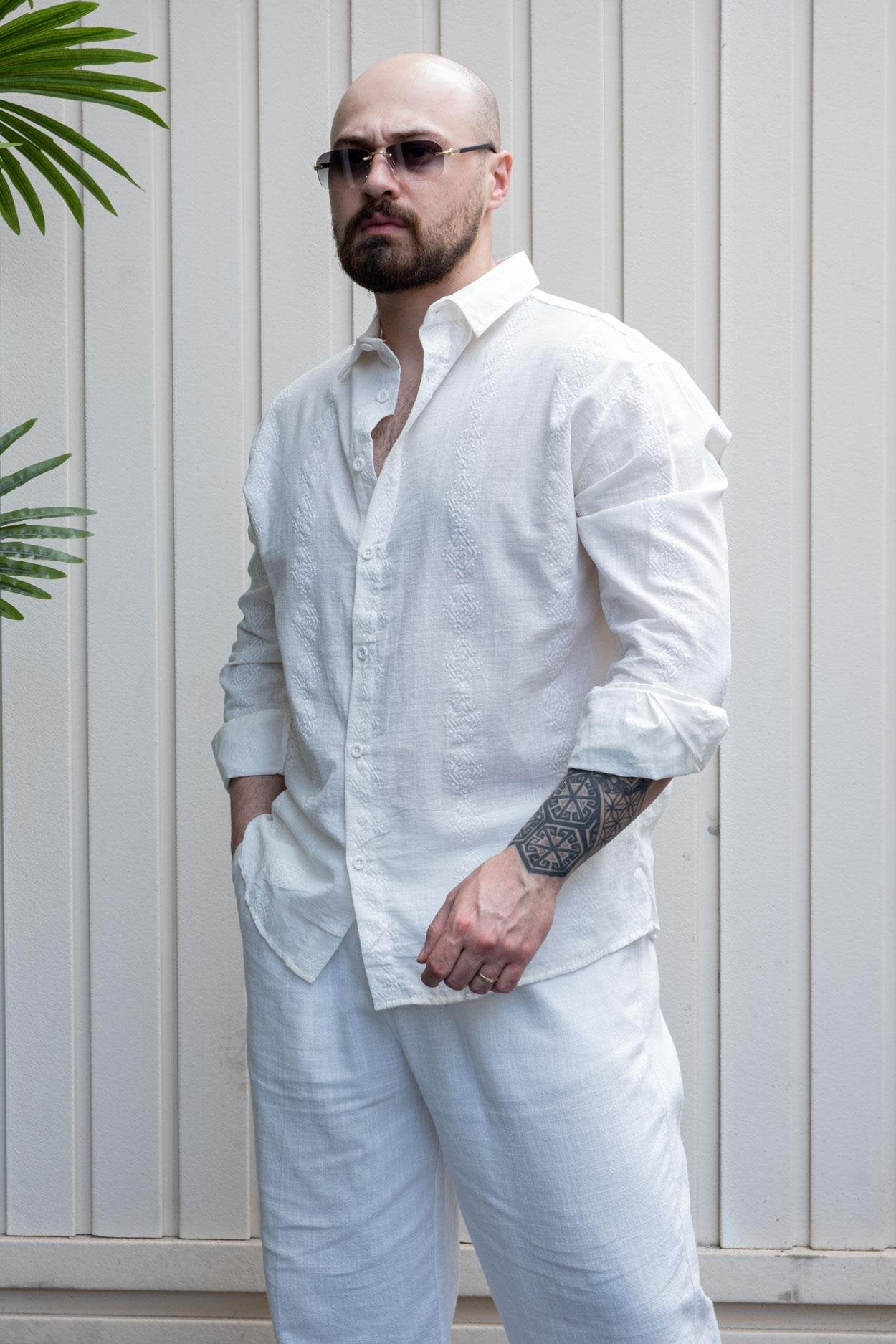 Modernist Embroidered Linen Casual Comfort Shirt