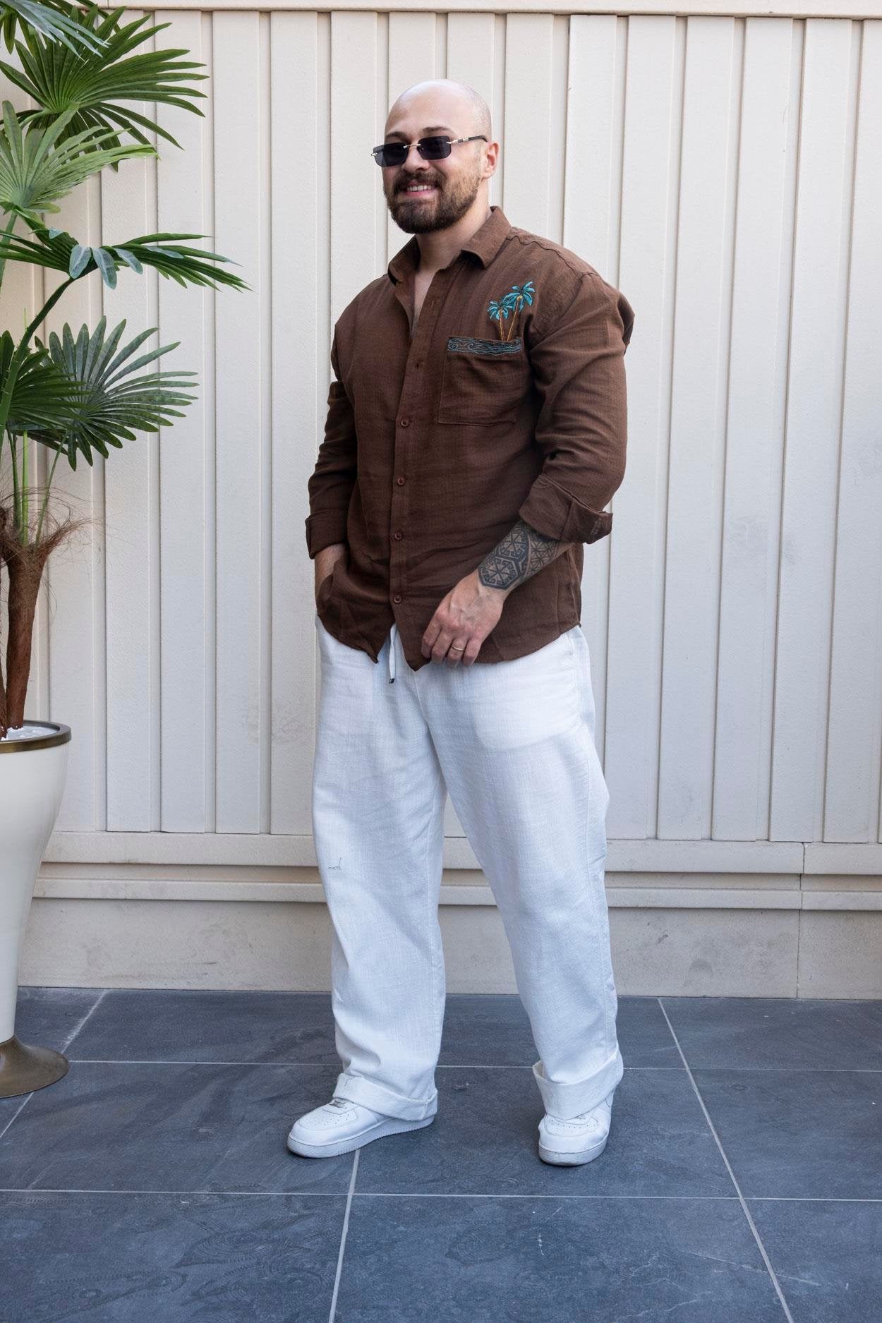 Urban Comfort 100% Cotton Shirt with Palm Tree Detail