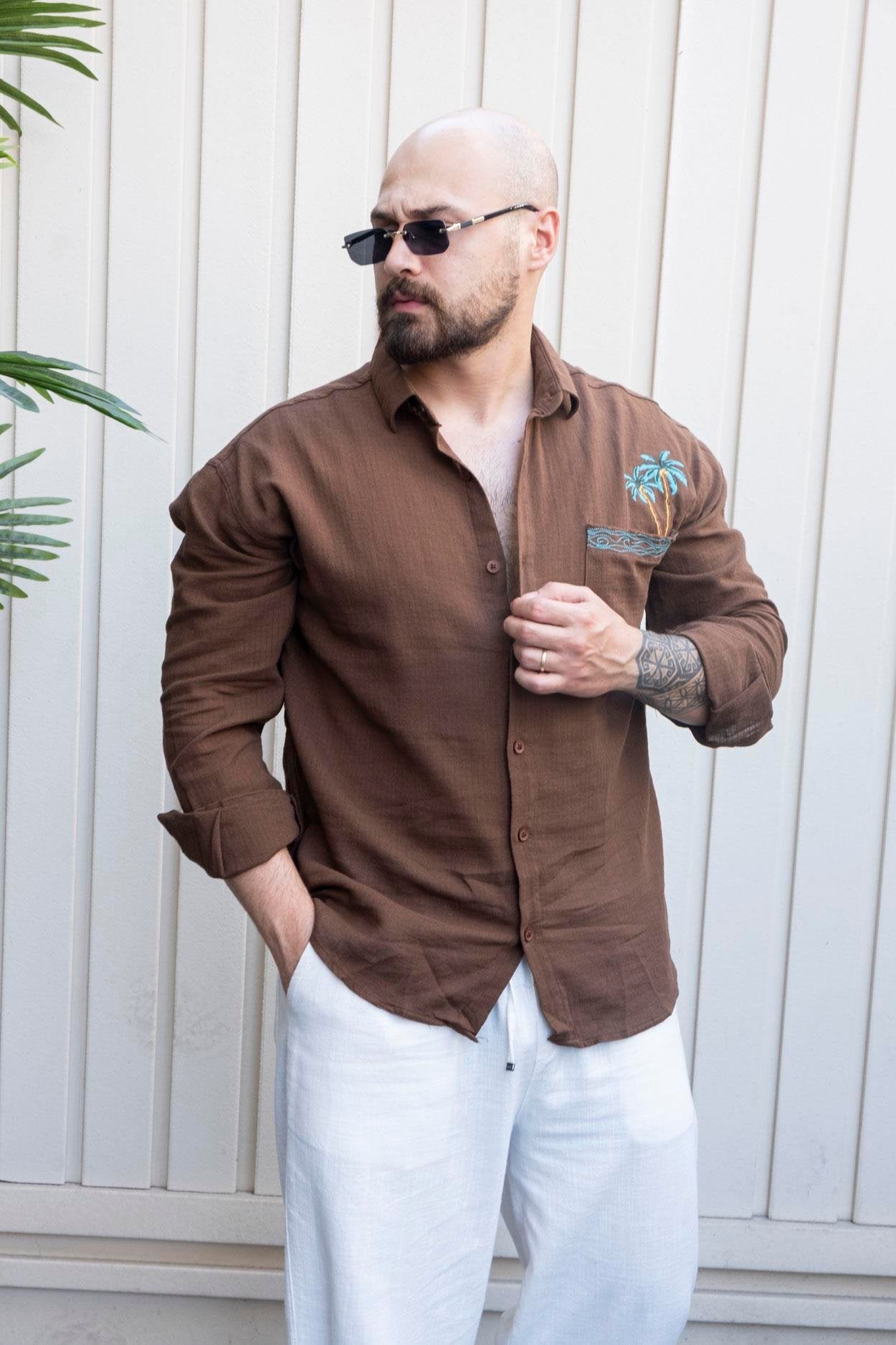 Urban Comfort 100% Cotton Shirt with Palm Tree Detail