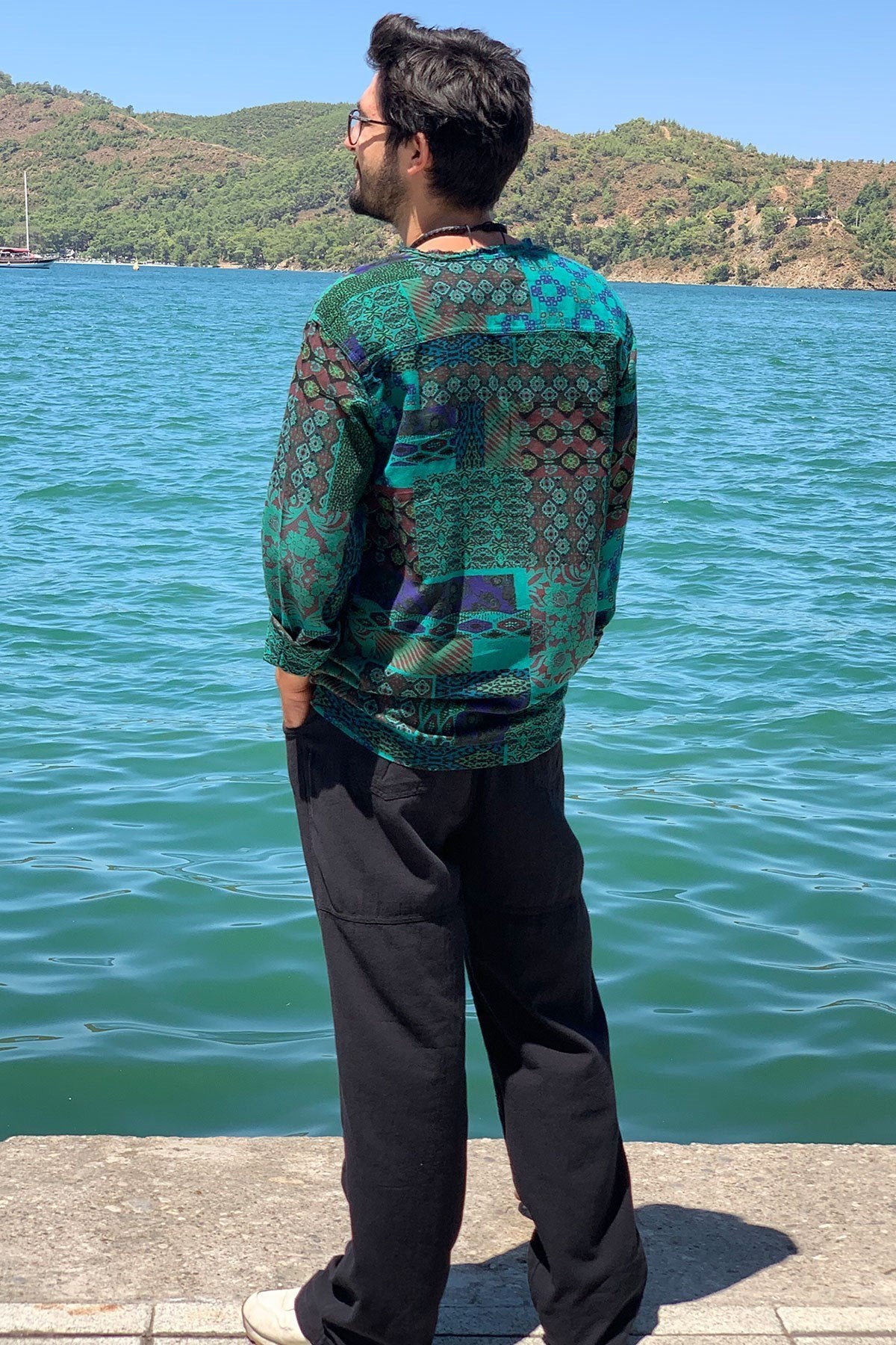 Petrol Green Patch Printed Long Sleeve Shirt
