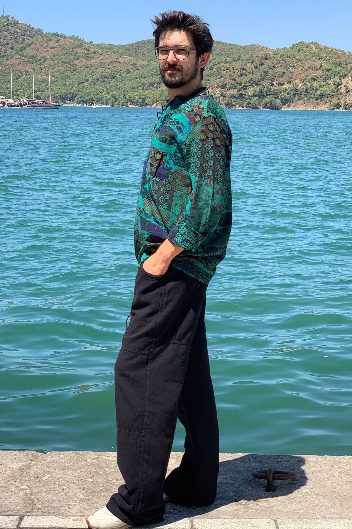 Petrol Green Patch Printed Long Sleeve Shirt