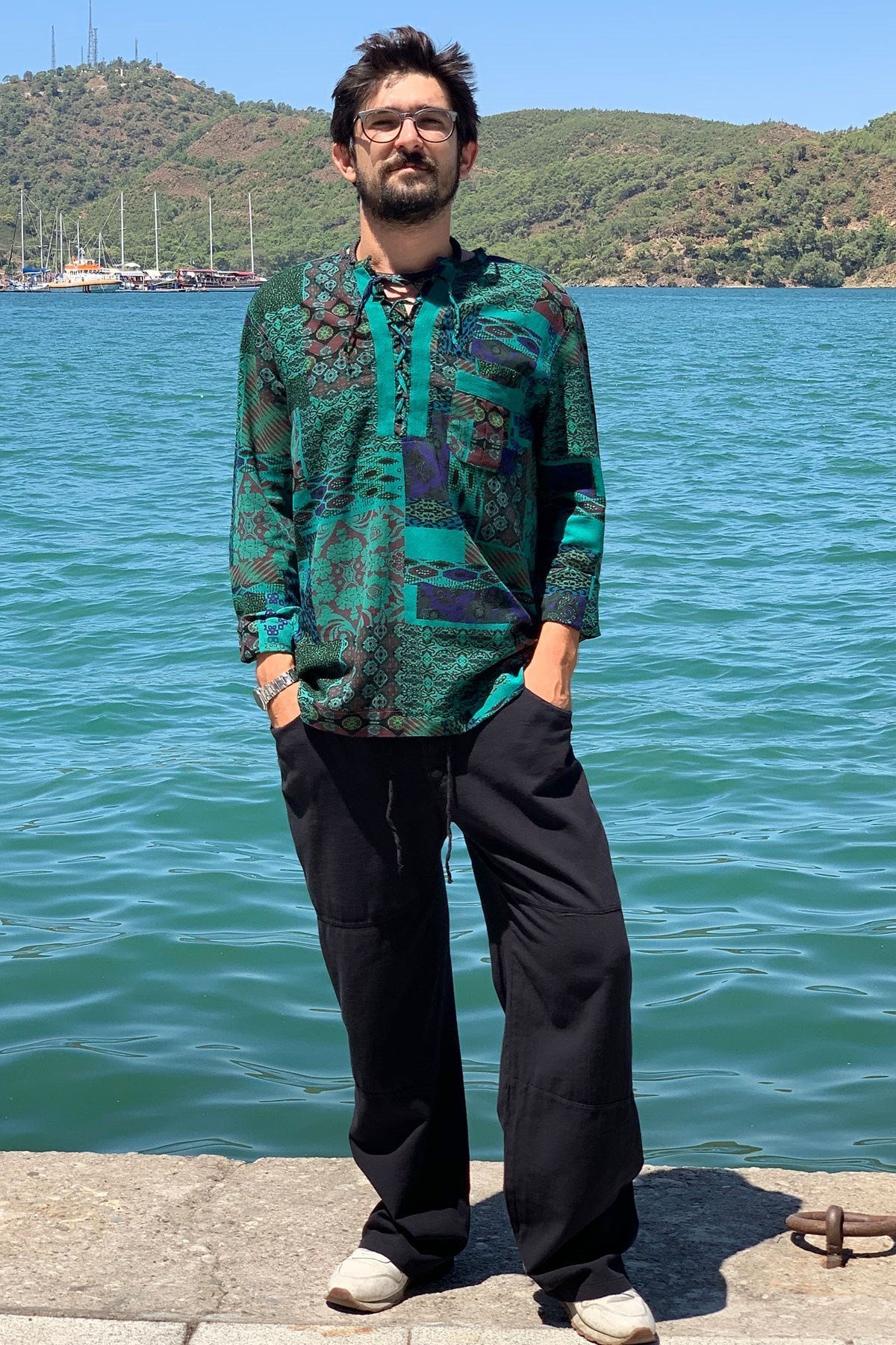 Petrol Green Patch Printed Long Sleeve Shirt