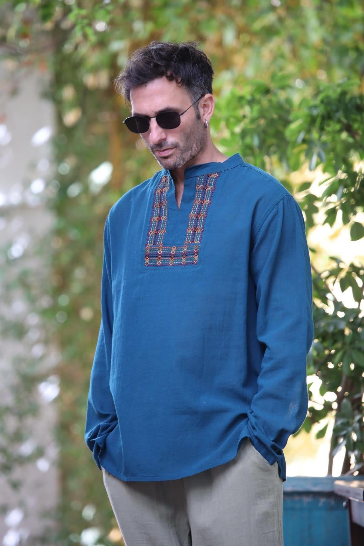 Petrol Blue Crew Neck Embroidered Detailed Cotton Shirt