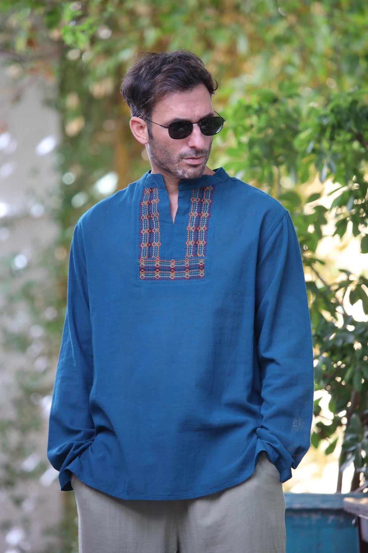 Petrol Blue Crew Neck Embroidered Detailed Cotton Shirt