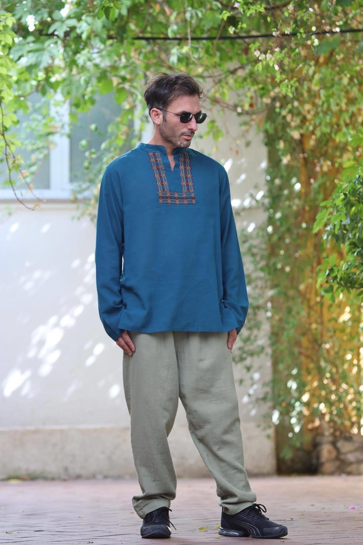 Petrol Blue Crew Neck Embroidered Detailed Cotton Shirt