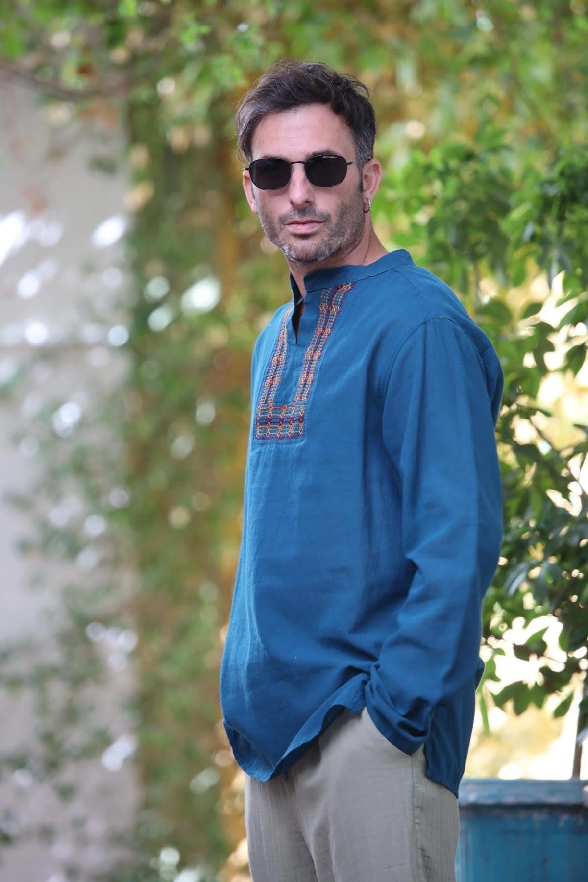 Petrol Blue Crew Neck Embroidered Detailed Cotton Shirt