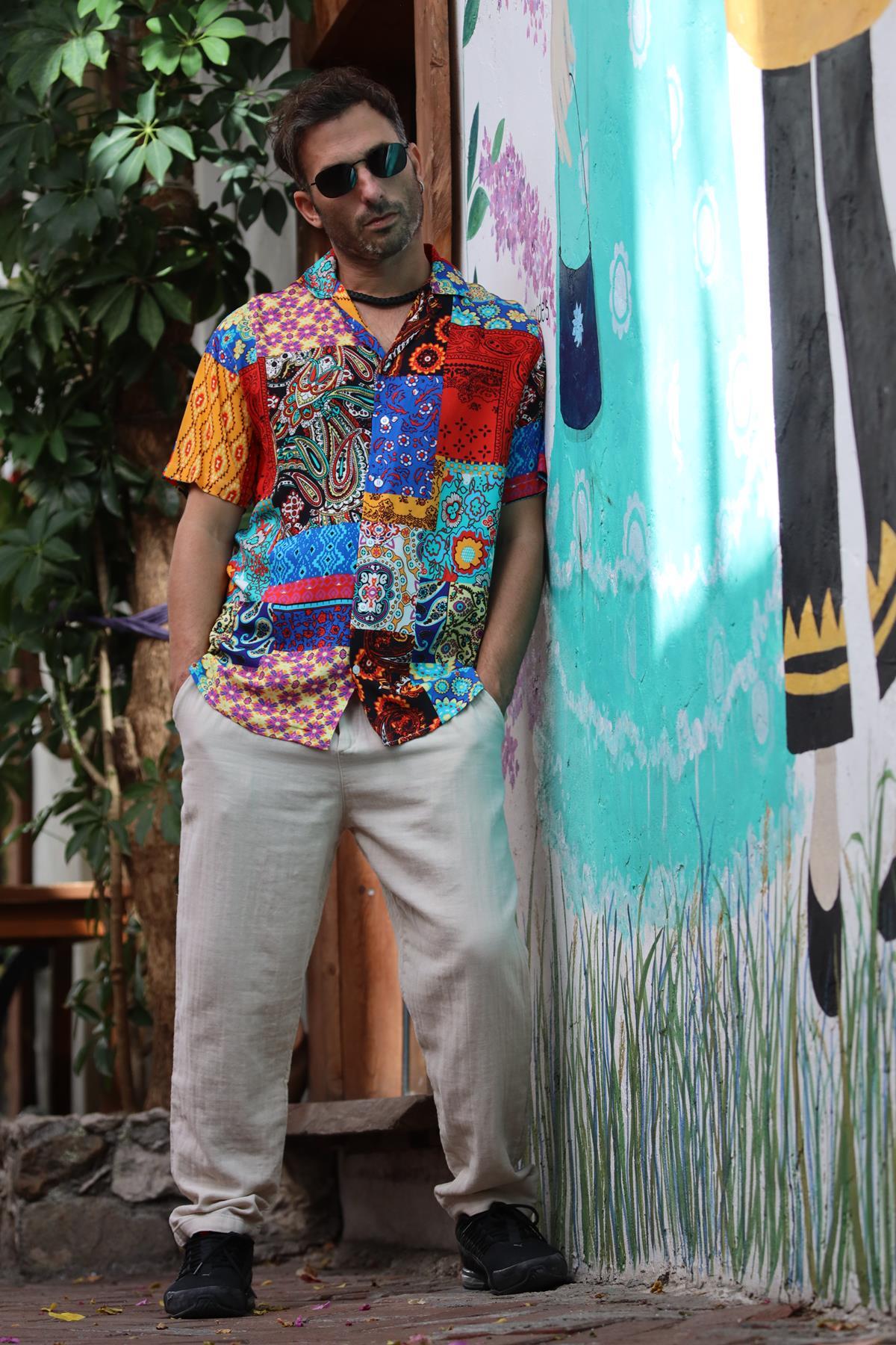 Colorful Patterned Short Sleeve Men's Shirt