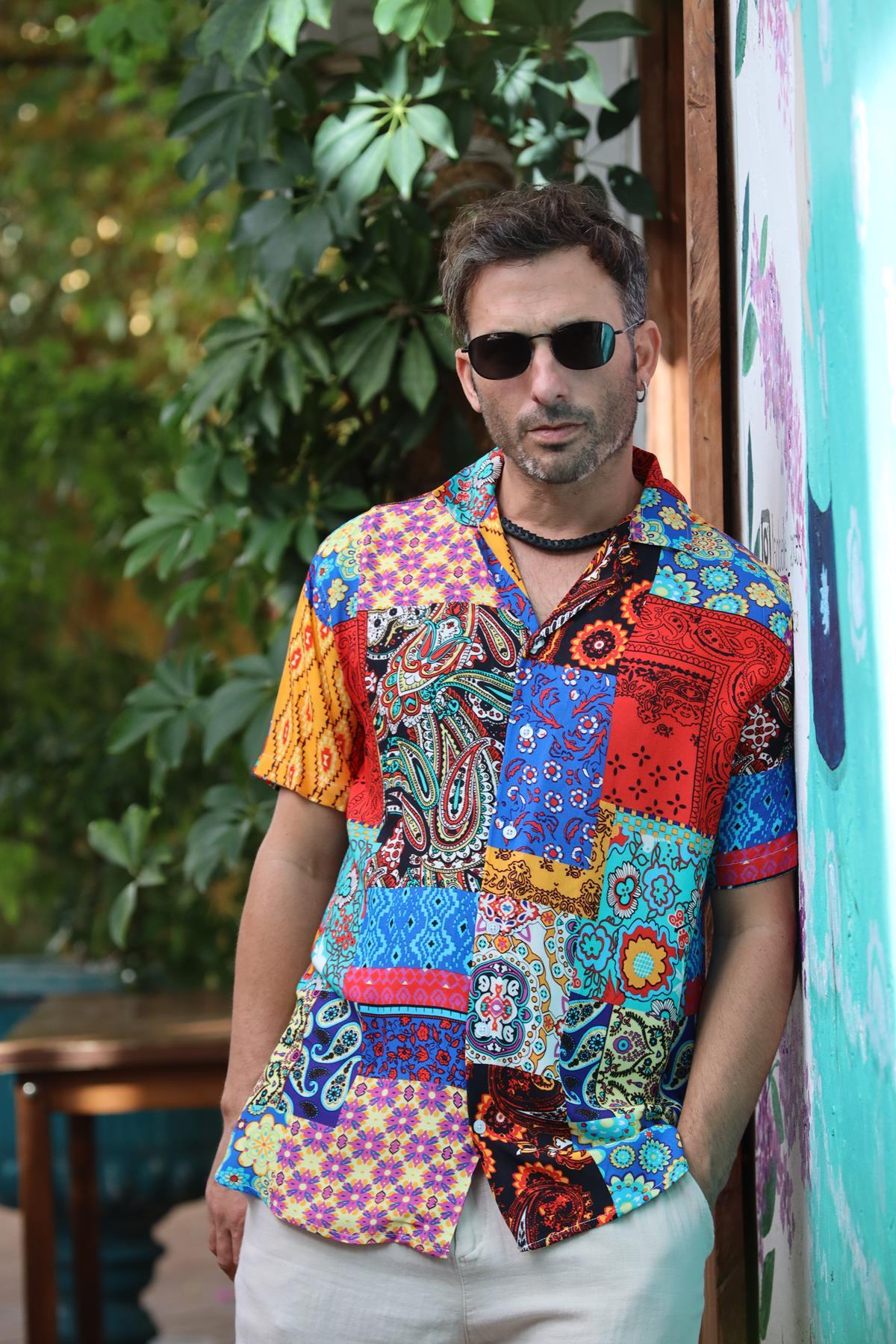 Colorful Patterned Short Sleeve Men's Shirt