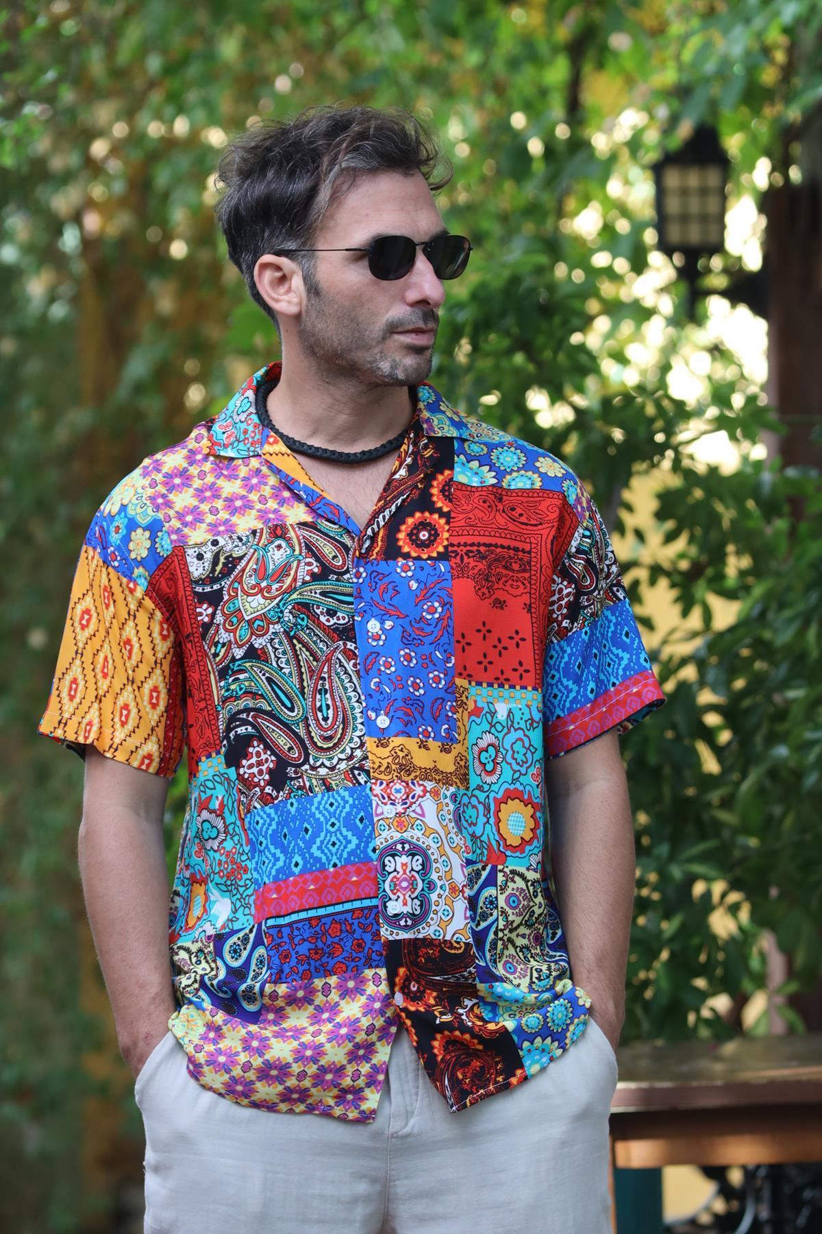 Colorful Patterned Short Sleeve Men's Shirt