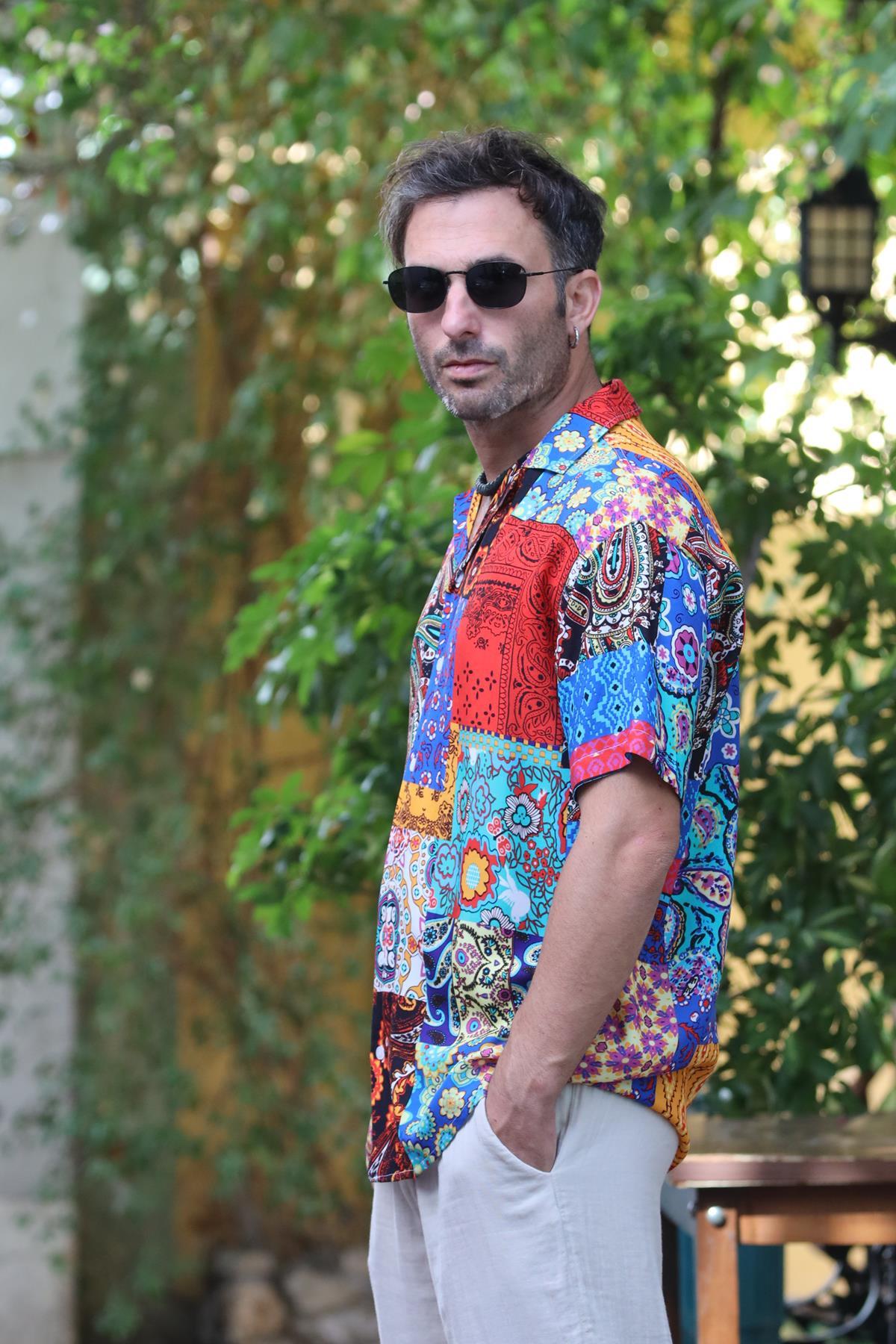 Colorful Patterned Short Sleeve Men's Shirt