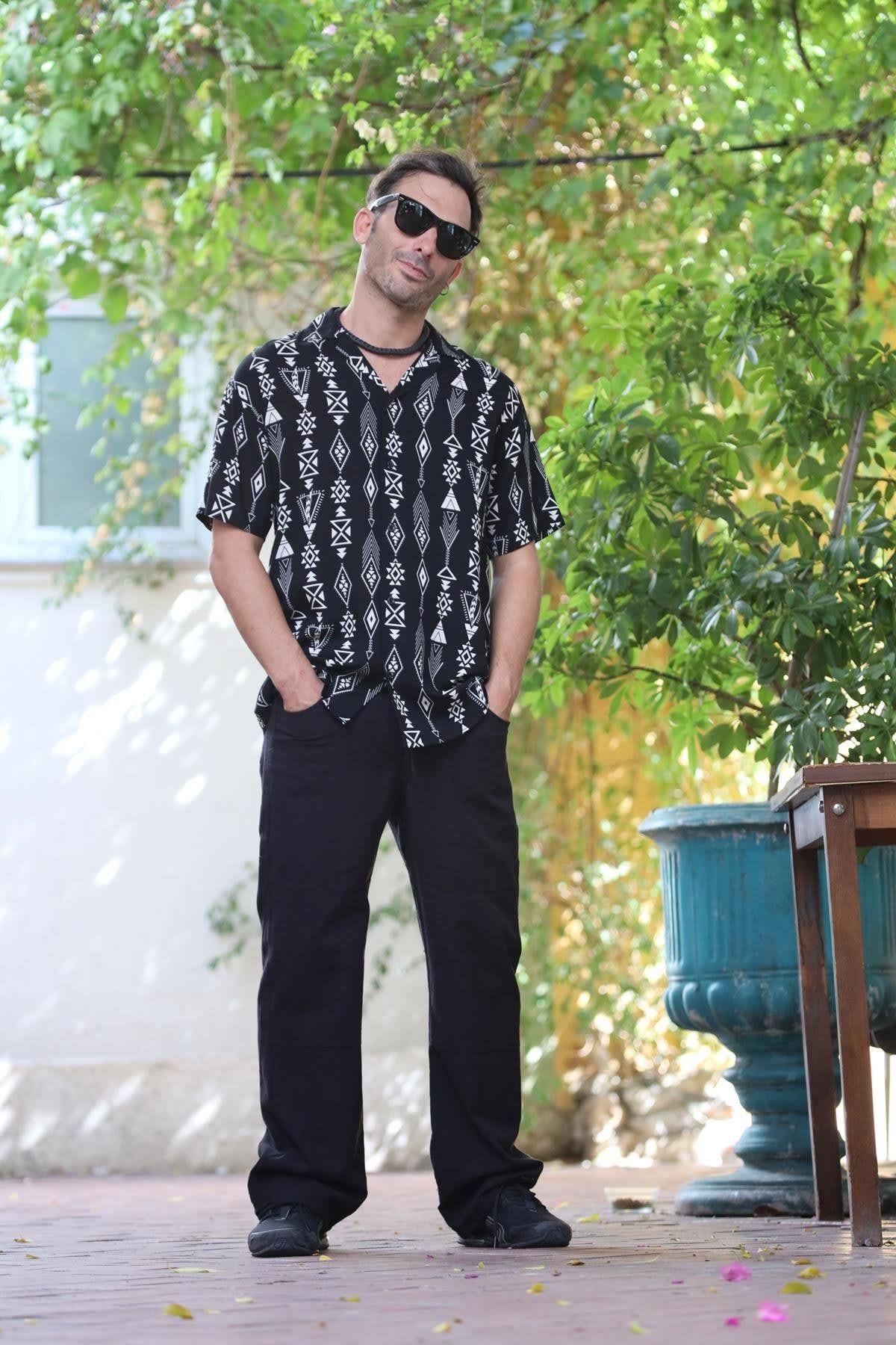 Black Patterned Short Sleeve Men's Shirt