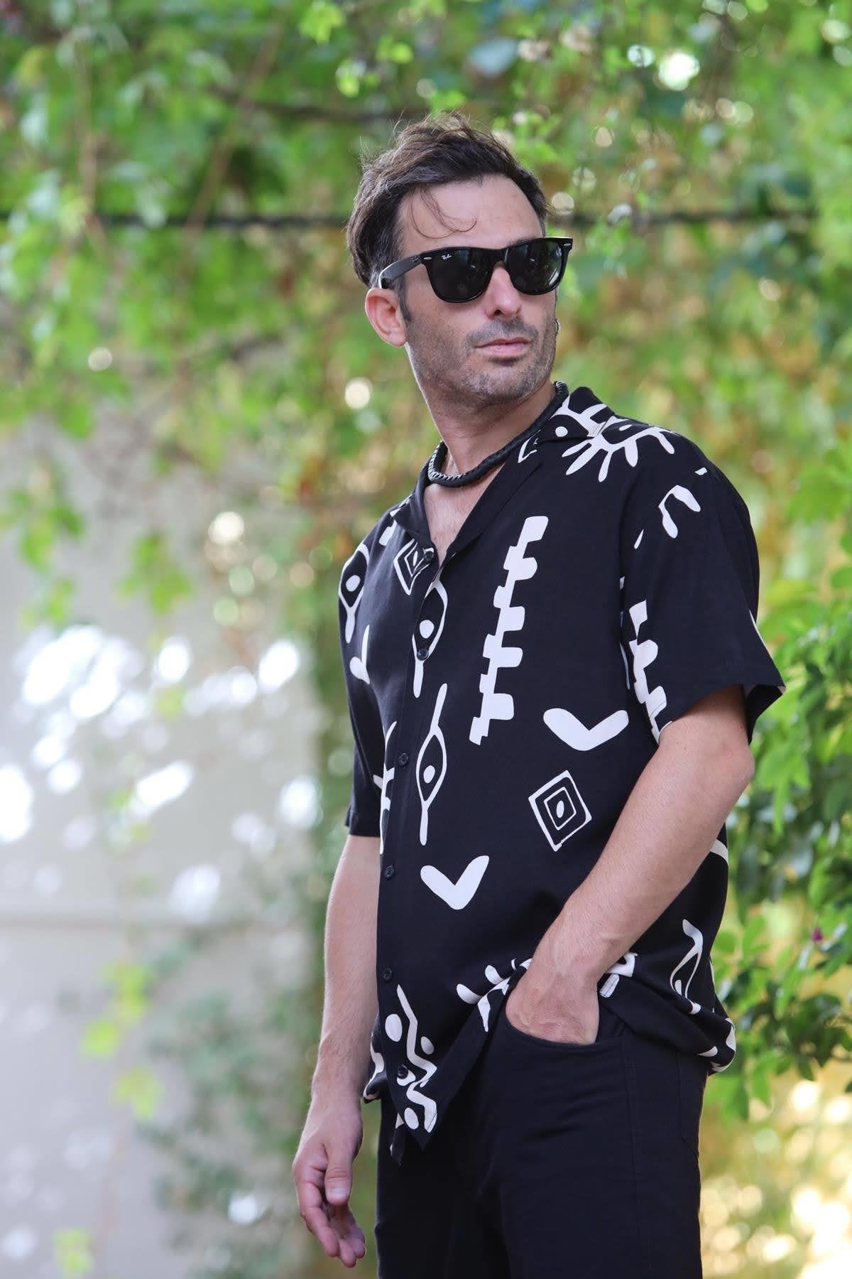 Black Patterned Short Sleeve Men's Shirt