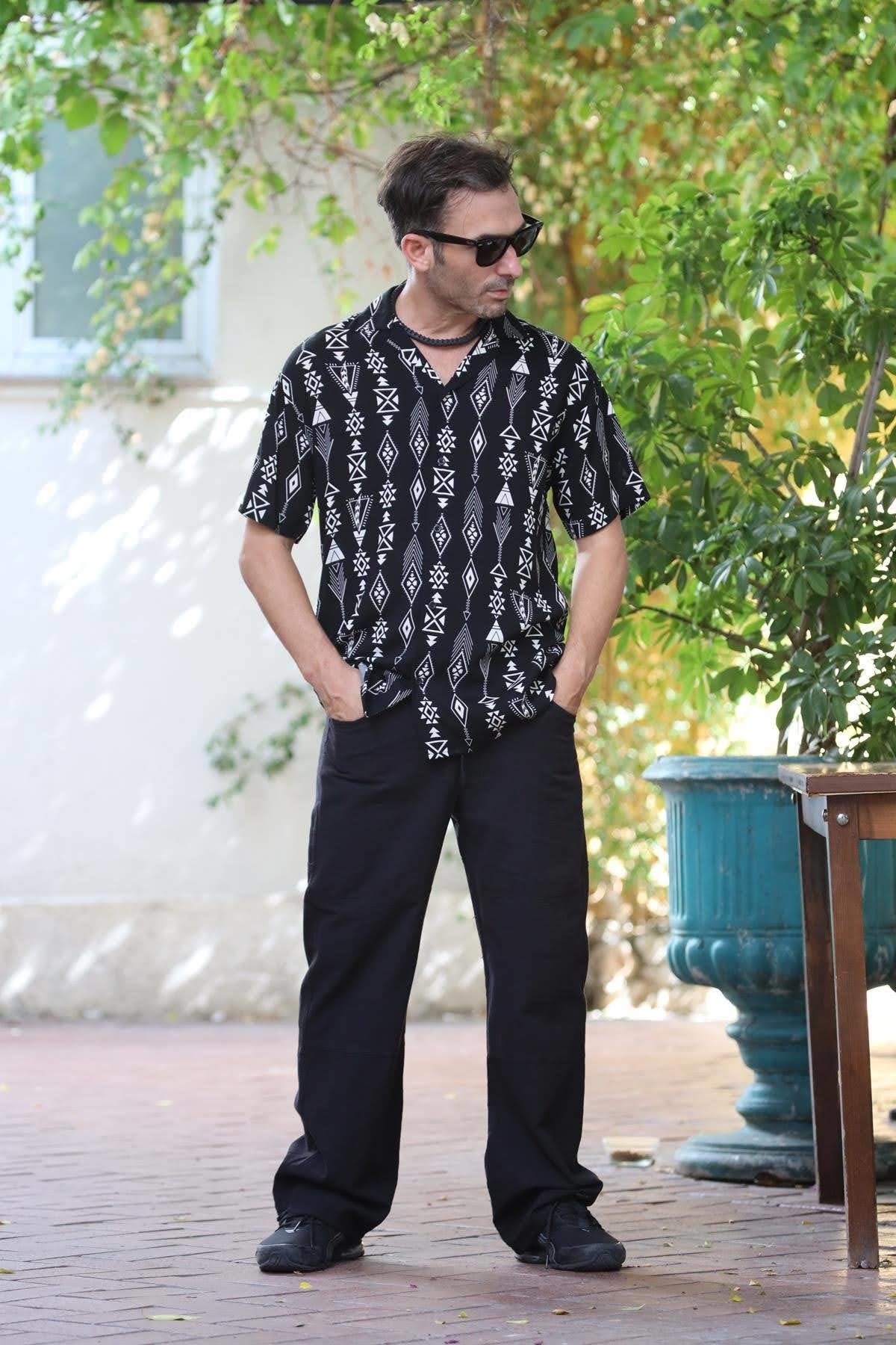 Black Patterned Short Sleeve Men's Shirt