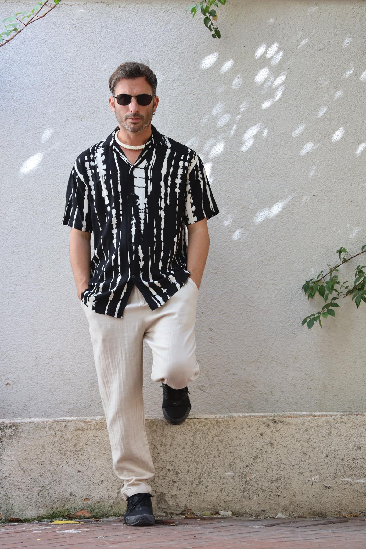 Black Patterned Short Sleeve Men's Shirt