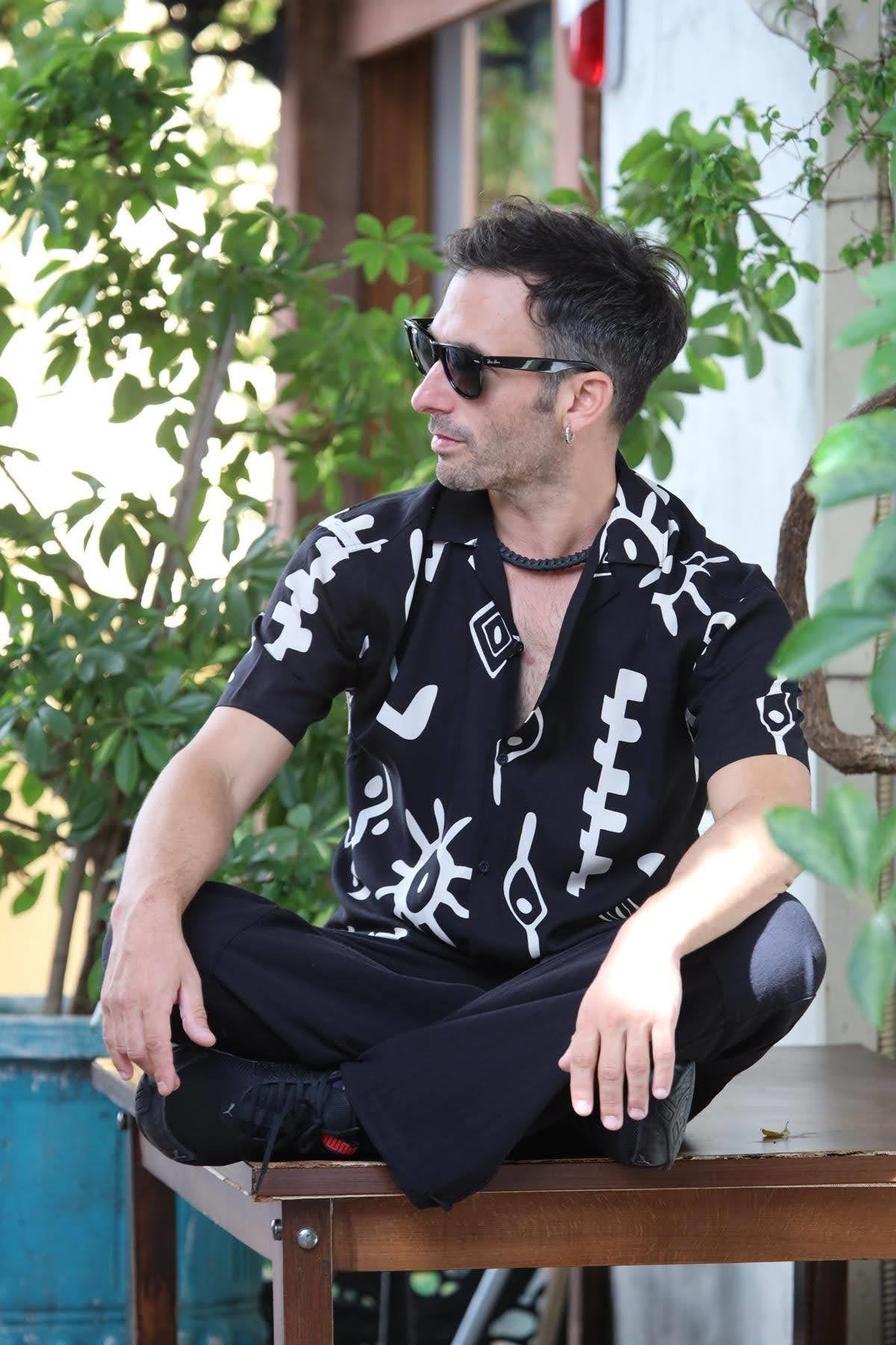 Black Patterned Short Sleeve Men's Shirt