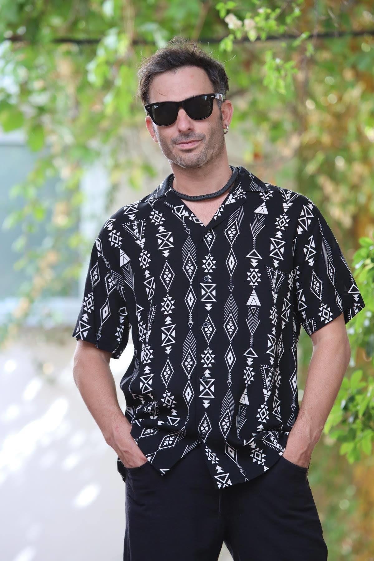 Black Patterned Short Sleeve Men's Shirt