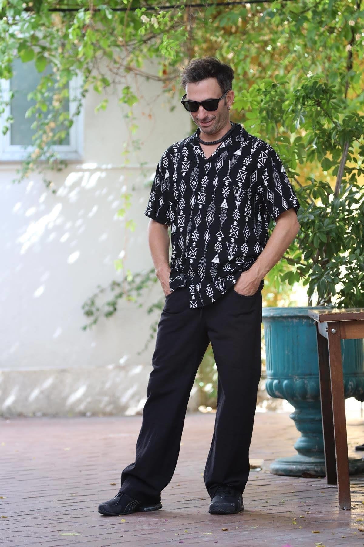 Black Patterned Short Sleeve Men's Shirt